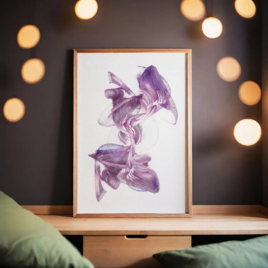 Elegant abstract printable wall art featuring fluid, ribbon-like shapes in rich purple tones with intricate line details on a clean white background, perfect for adding a touch of sophistication to modern spaces