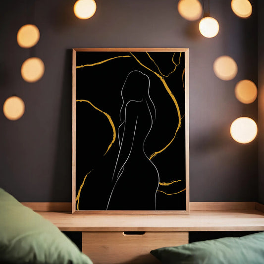 Minimalist line art of a woman’s silhouette on a black background with elegant gold marbling accents, modern and luxurious printable wall art