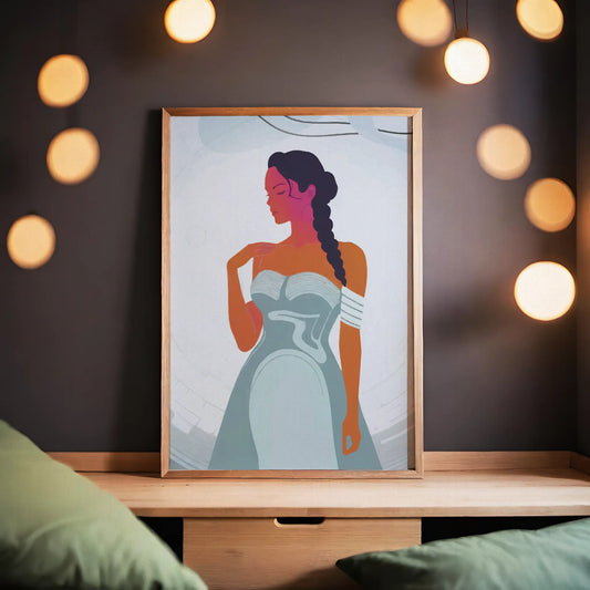 Minimalist illustration of a poised woman in a flowing strapless gown with braided hair, captured in bold, contrasting colors, empowering and modern fashion wall art for stylish interiors.