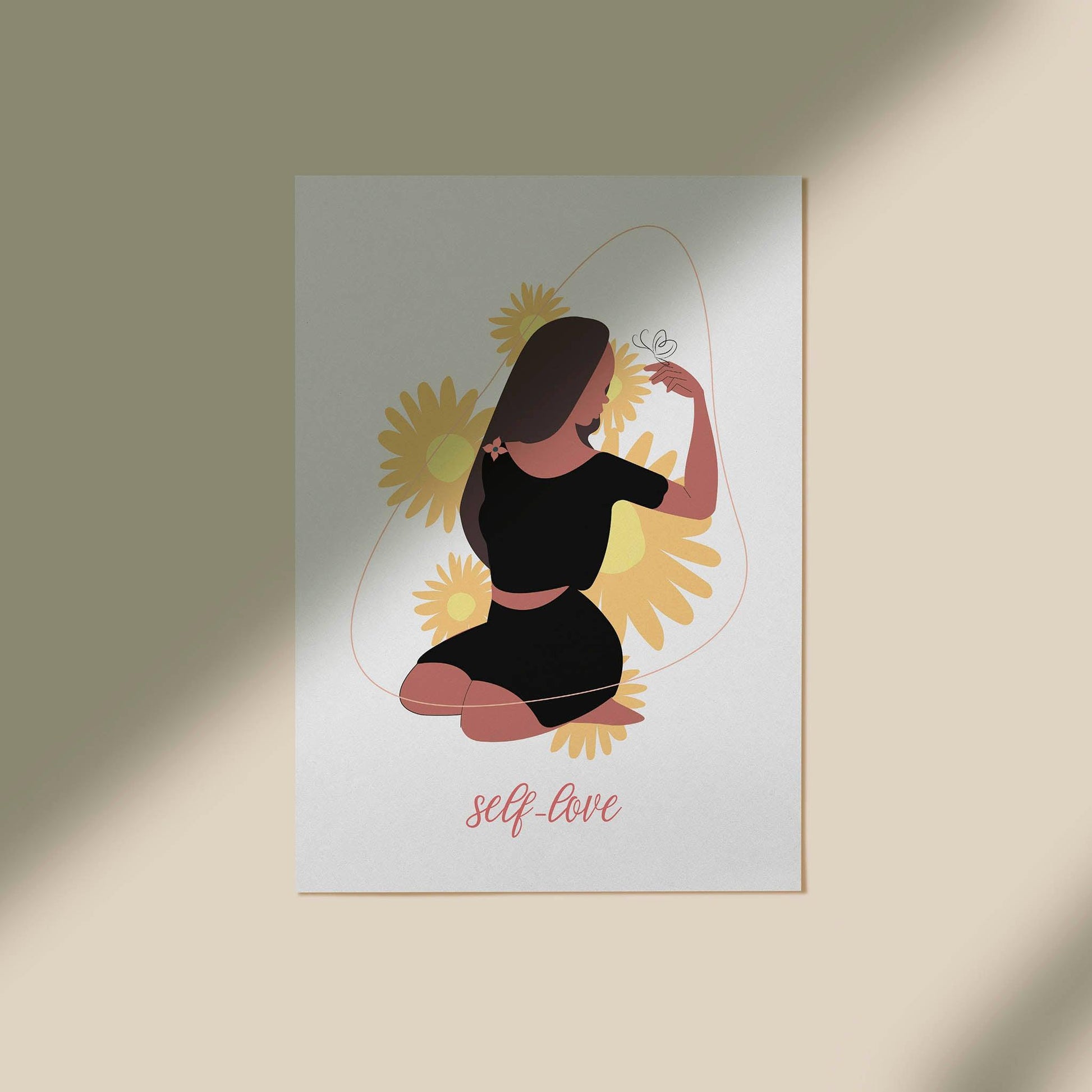 Minimalist printable wall art showcasing a woman in a black outfit surrounded by yellow daisies, holding a butterfly with the phrase 'self-love' below - perfect for empowering, self-care-themed home decor