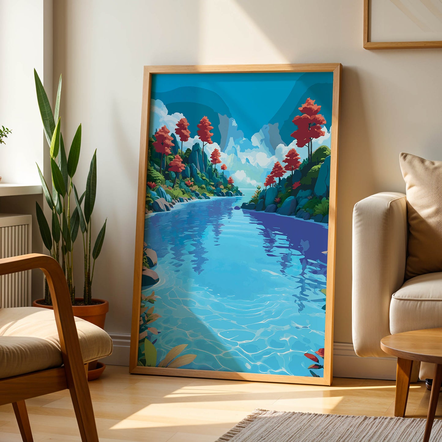 Vibrant landscape wall art of a clear blue river flowing between green hills with red trees and a bright sky filled with fluffy clouds