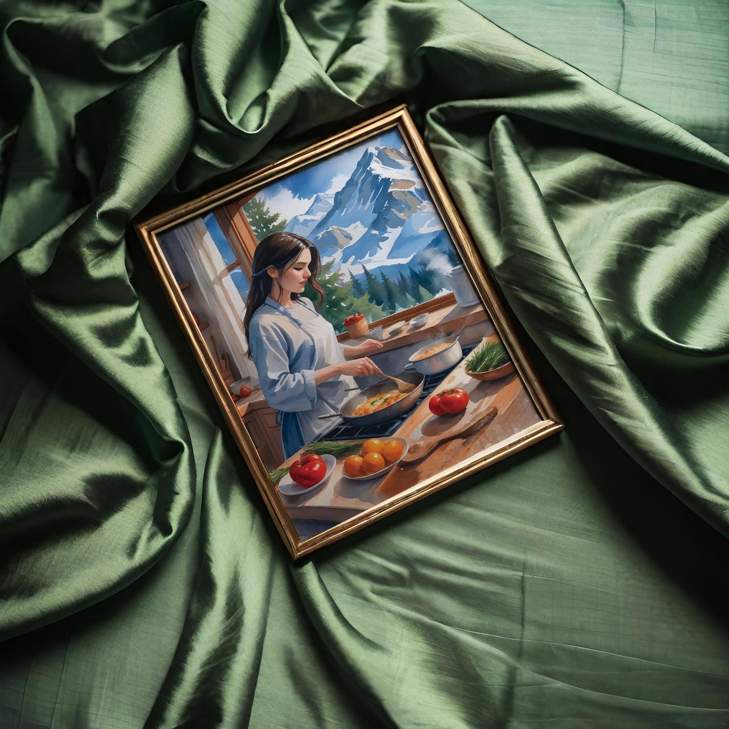 Charming digital painting of a woman cooking in a cozy kitchen with a stunning snowy mountain view - warm, rustic printable wall art ideal for kitchen or cabin decor