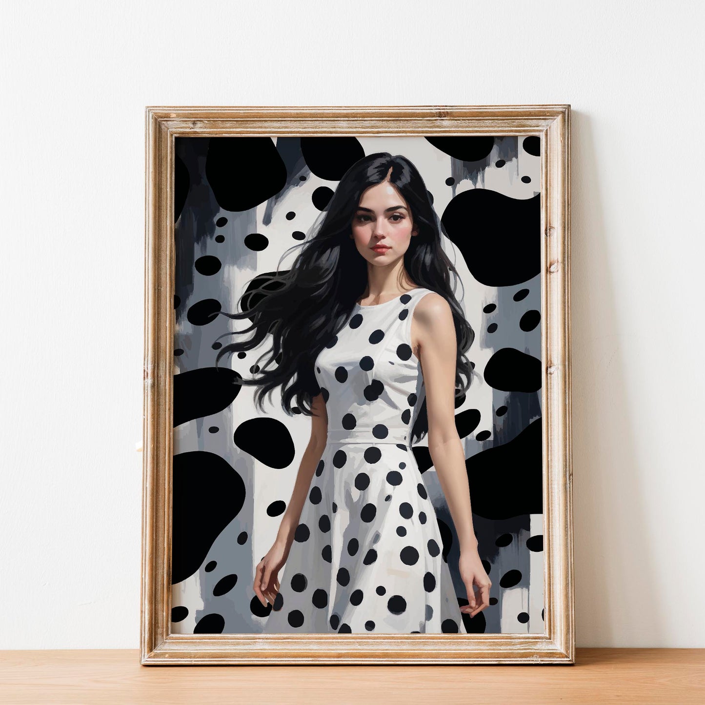 Stylized digital illustration of a confident woman in a white dress with bold black polka dots, set against a matching abstract background - modern printable wall art perfect for fashion-forward interior decor