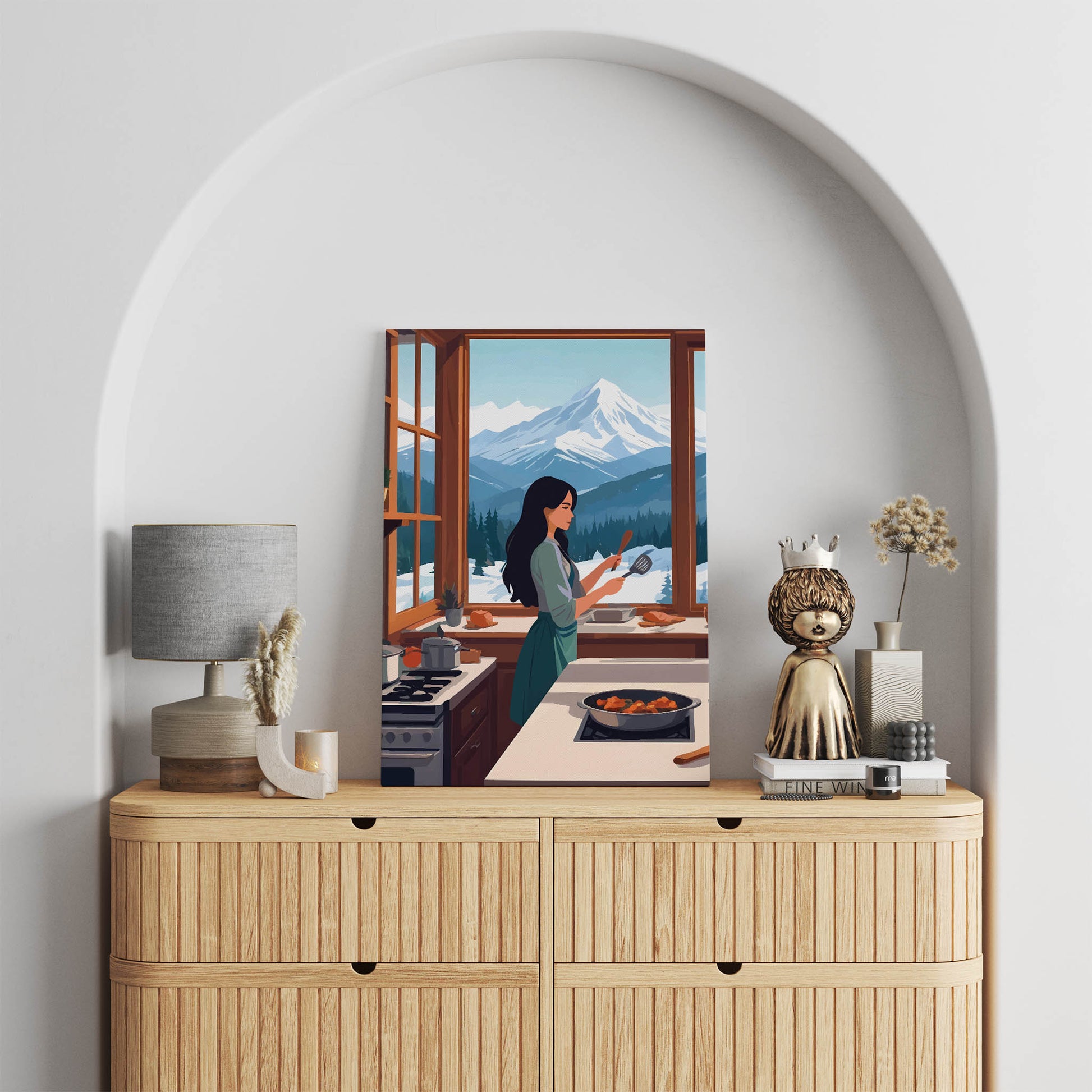Cozy digital wall art of a woman cooking in a warm kitchen with large windows, overlooking snowy mountains and pine trees
