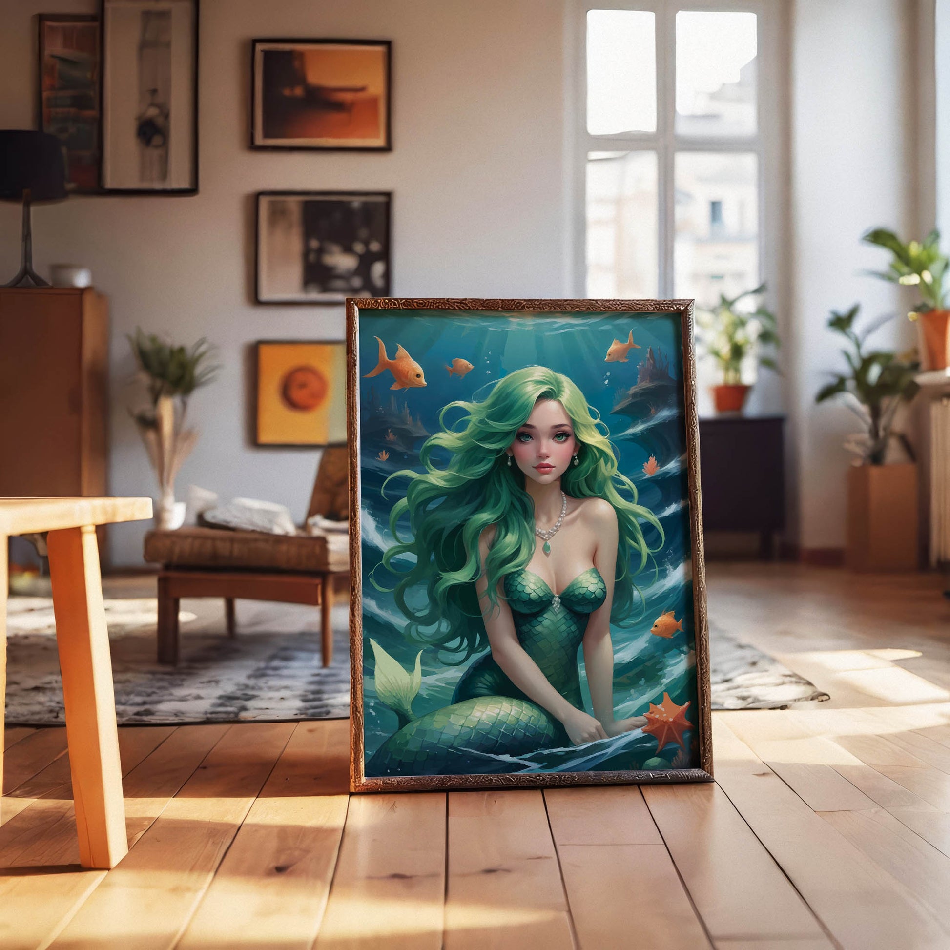 Fantasy digital wall art of a beautiful mermaid with long green hair and shimmering scales surrounded by orange fish under the sea