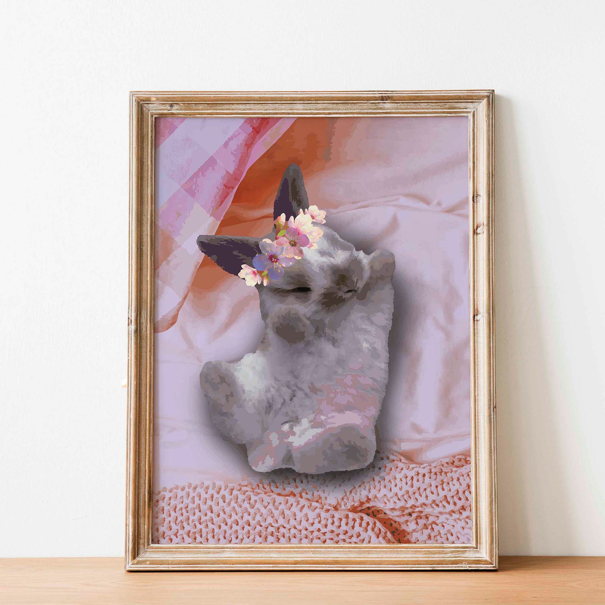 Adorable watercolor-style illustration of a sleeping bunny with closed eyes, resting on soft pink bedding and wearing a floral crown, a charming and cozy print for nursery or animal-themed home decor