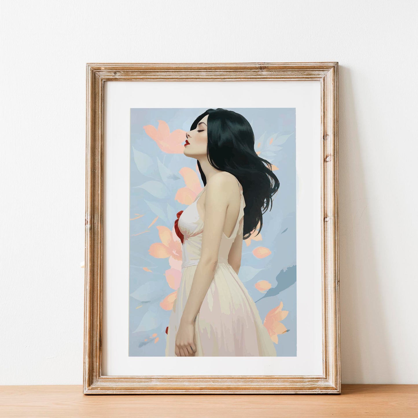 Printable wall art of a graceful woman in a flowing white dress with dark hair, set against a soft pastel floral background, perfect for modern, feminine home decor