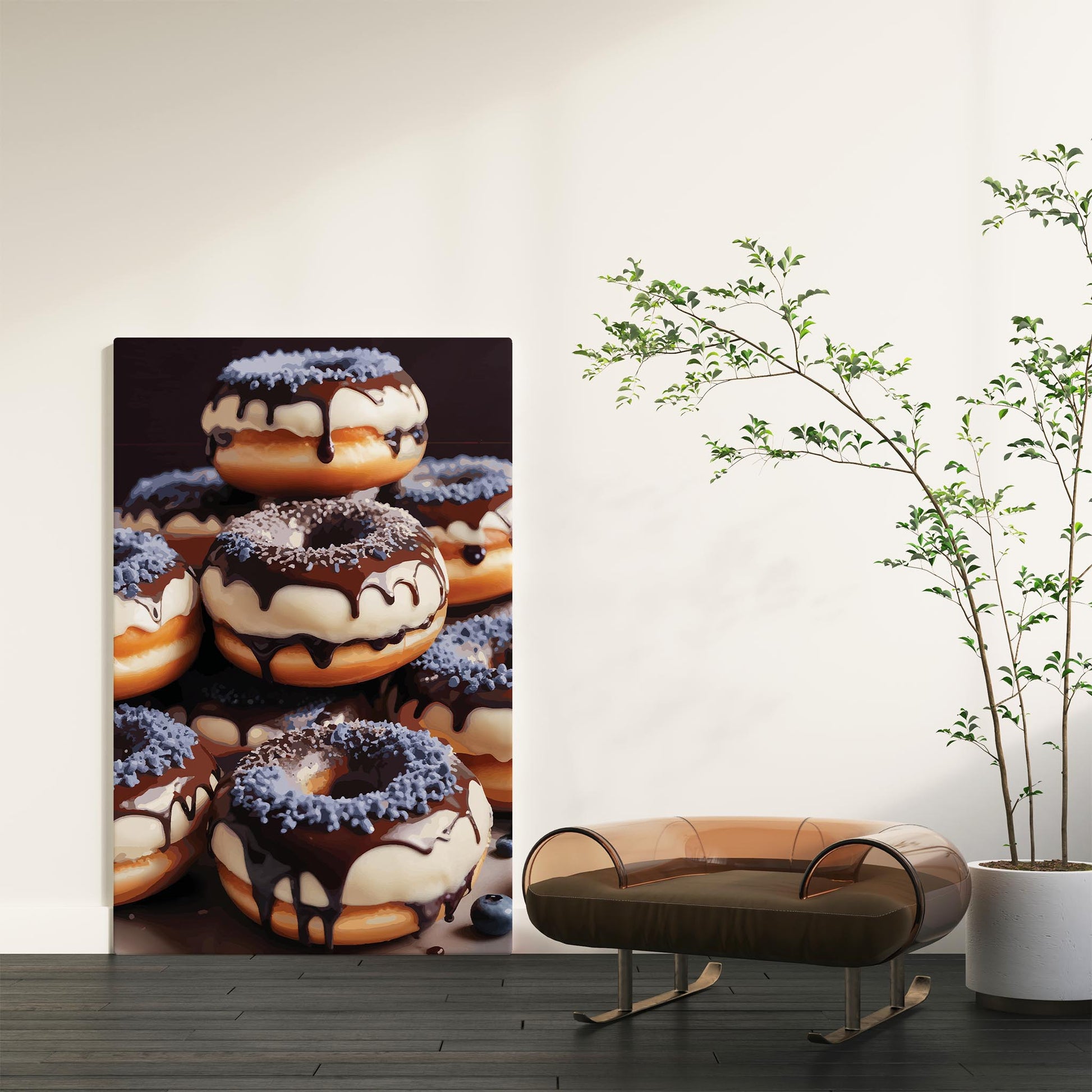 Printable wall art of a stack of donuts topped with rich chocolate glaze, white icing, and blue sprinkles, captured in a mouthwatering, hyper-realistic style, perfect for kitchen or bakery-themed decor