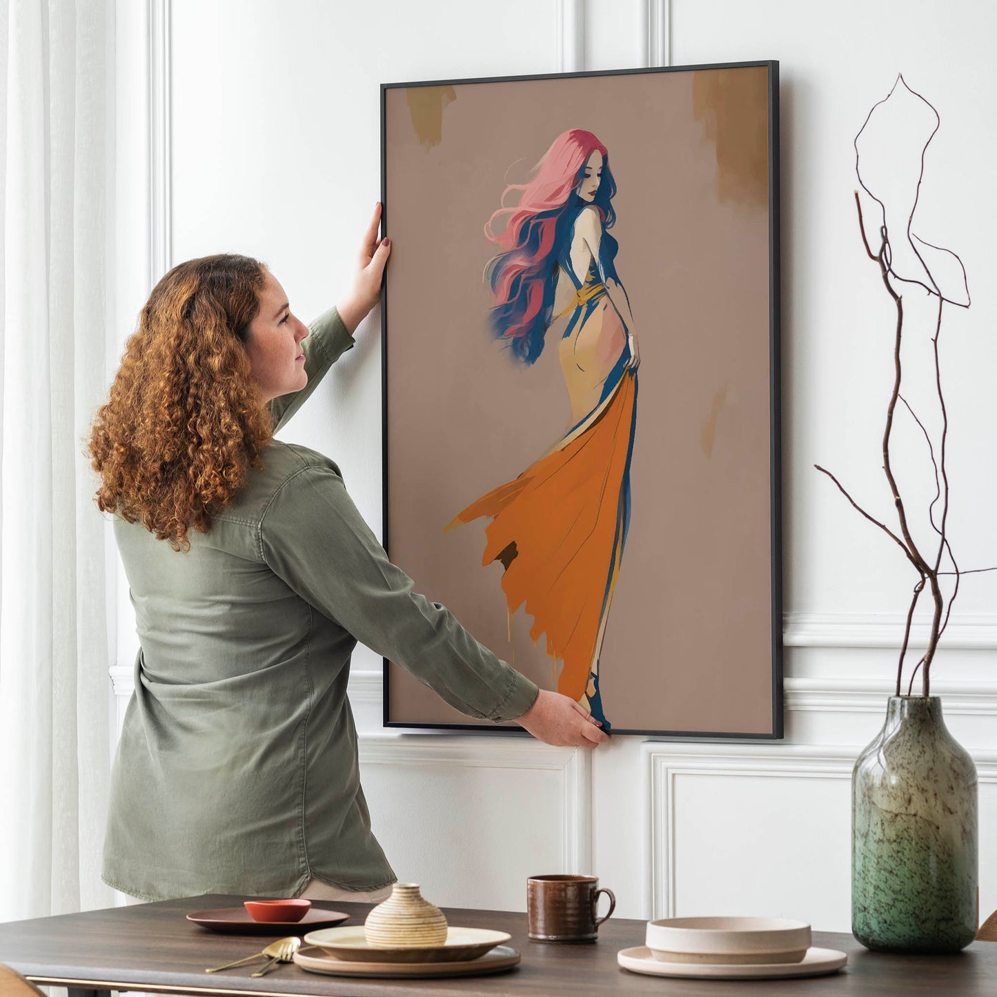 Printable wall art of an elegant woman with flowing pink and purple hair, wearing a backless orange gown with a dramatic train, set against a soft neutral background, perfect for modern and chic home decor.