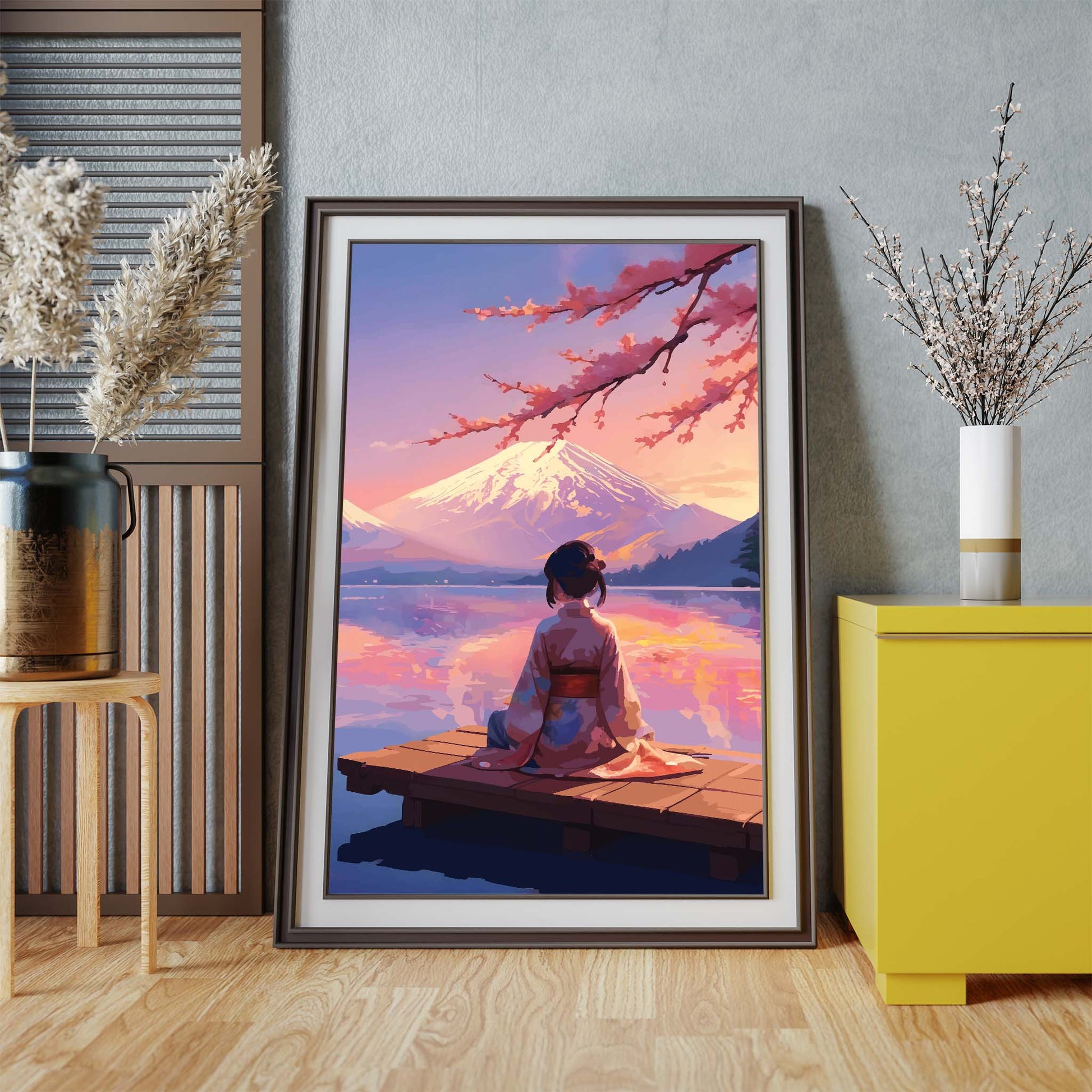 Tranquil Japanese-themed printable wall art featuring a woman in a kimono seated on a wooden dock, gazing at Mount Fuji across a serene lake during a pastel sunset, with cherry blossoms framing the scene - perfect for zen, travel, or Japan-inspired home decor