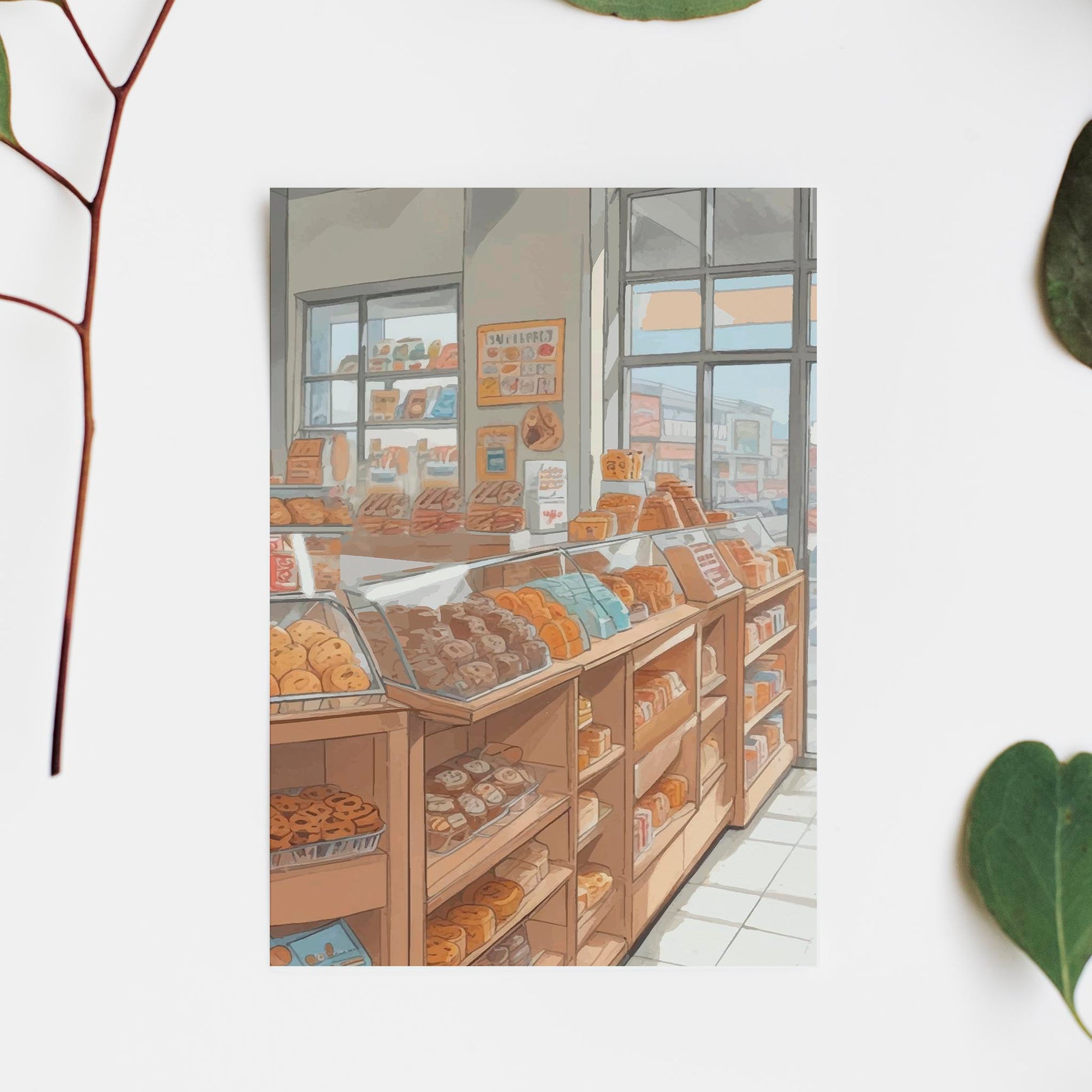 Printable wall art of a cozy bakery interior with shelves and glass cases filled with assorted breads, pastries, and donuts, bathed in soft natural light from large windows, perfect for kitchen, café, or bakery-themed decor.