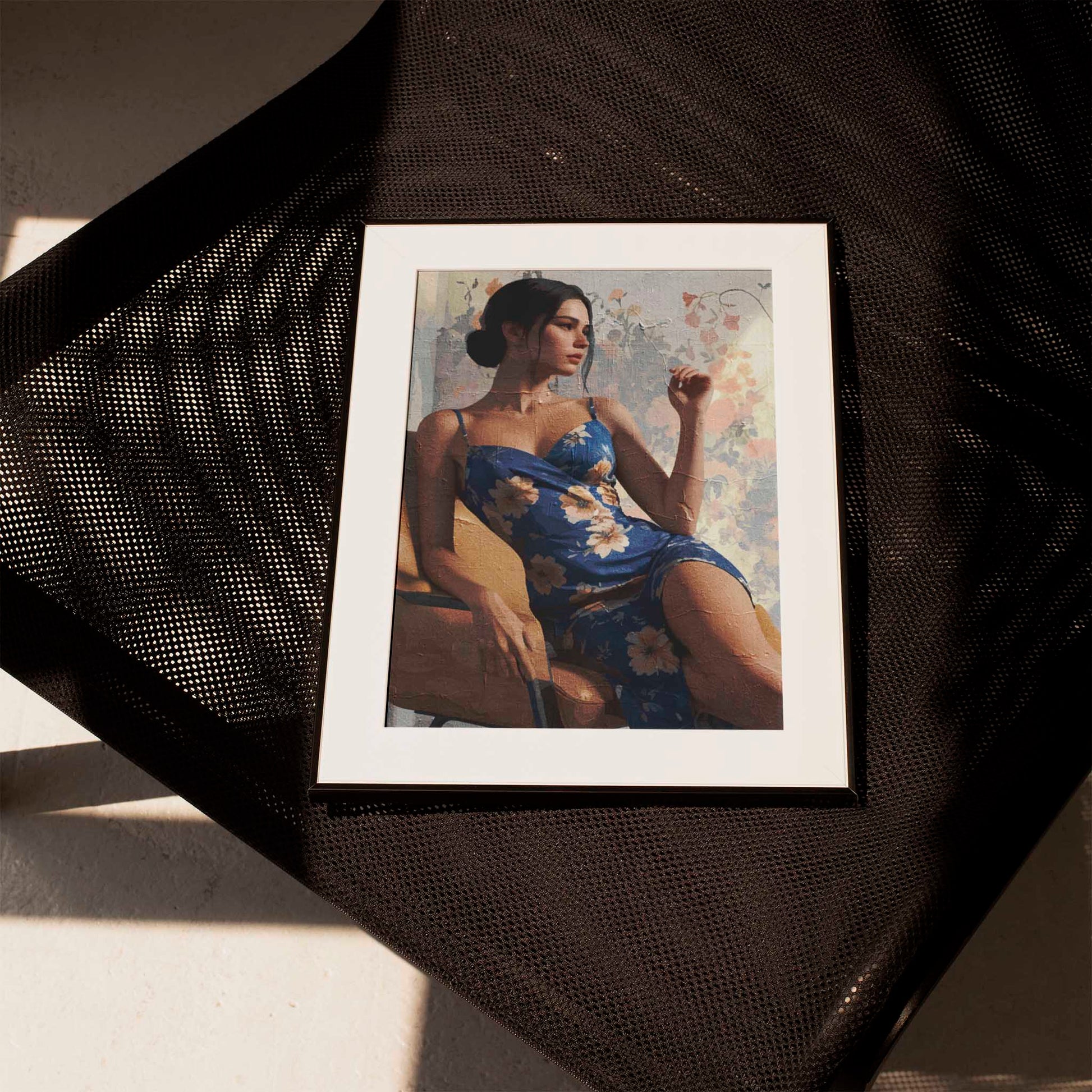 Elegant printable wall art featuring a stylish woman in a floral blue dress, seated gracefully on a chair against a soft, vintage-inspired floral backdrop, evoking sophistication and quiet confidence.