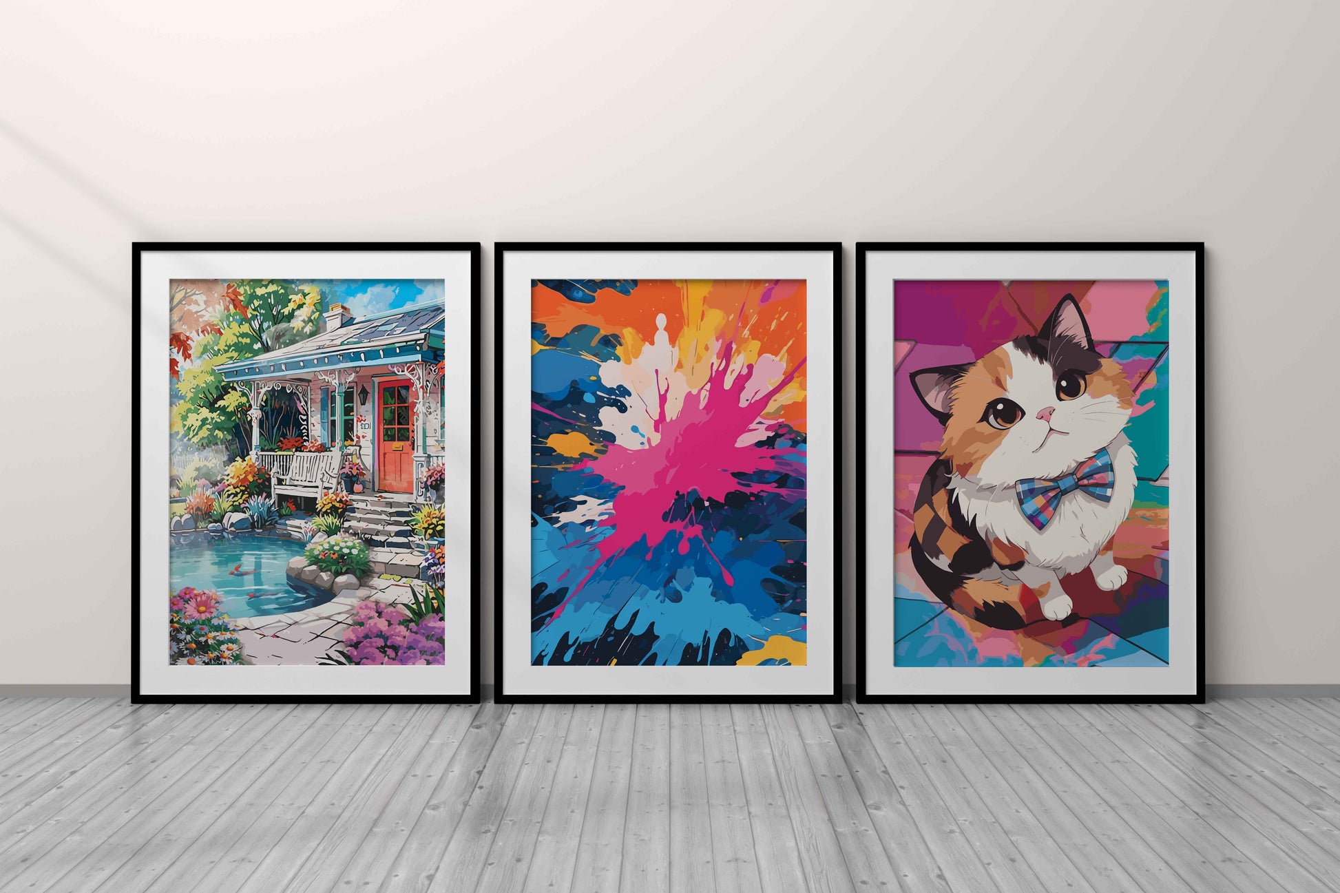 Set of 3 printable wall art pieces featuring a cosy cottage by a pond surrounded by flowers, a bold and dynamic multicolour paint splash, and an adorable calico cat with a plaid bowtie on a vibrant abstract background, perfect for brightening up eclectic or modern interiors.