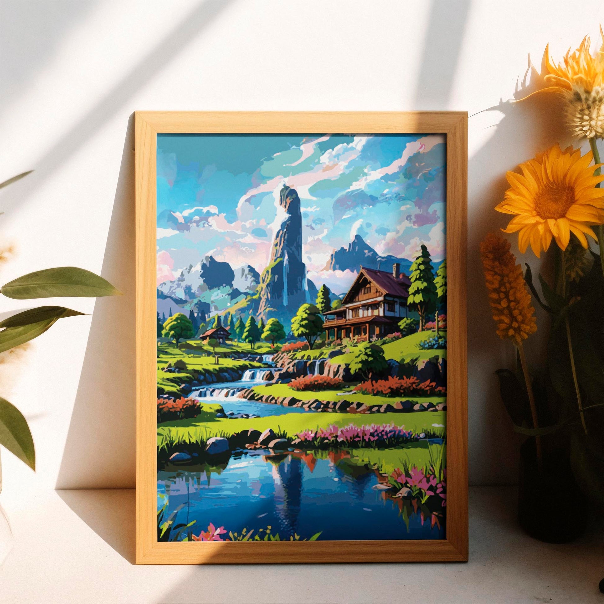 Scenic fantasy-style printable wall art showcasing a wooden chalet beside a cascading stream, surrounded by colorful flowers, pine trees, and dramatic mountain peaks under a vibrant sky - perfect for nature lovers, cabin decor, or adventure-inspired interiors