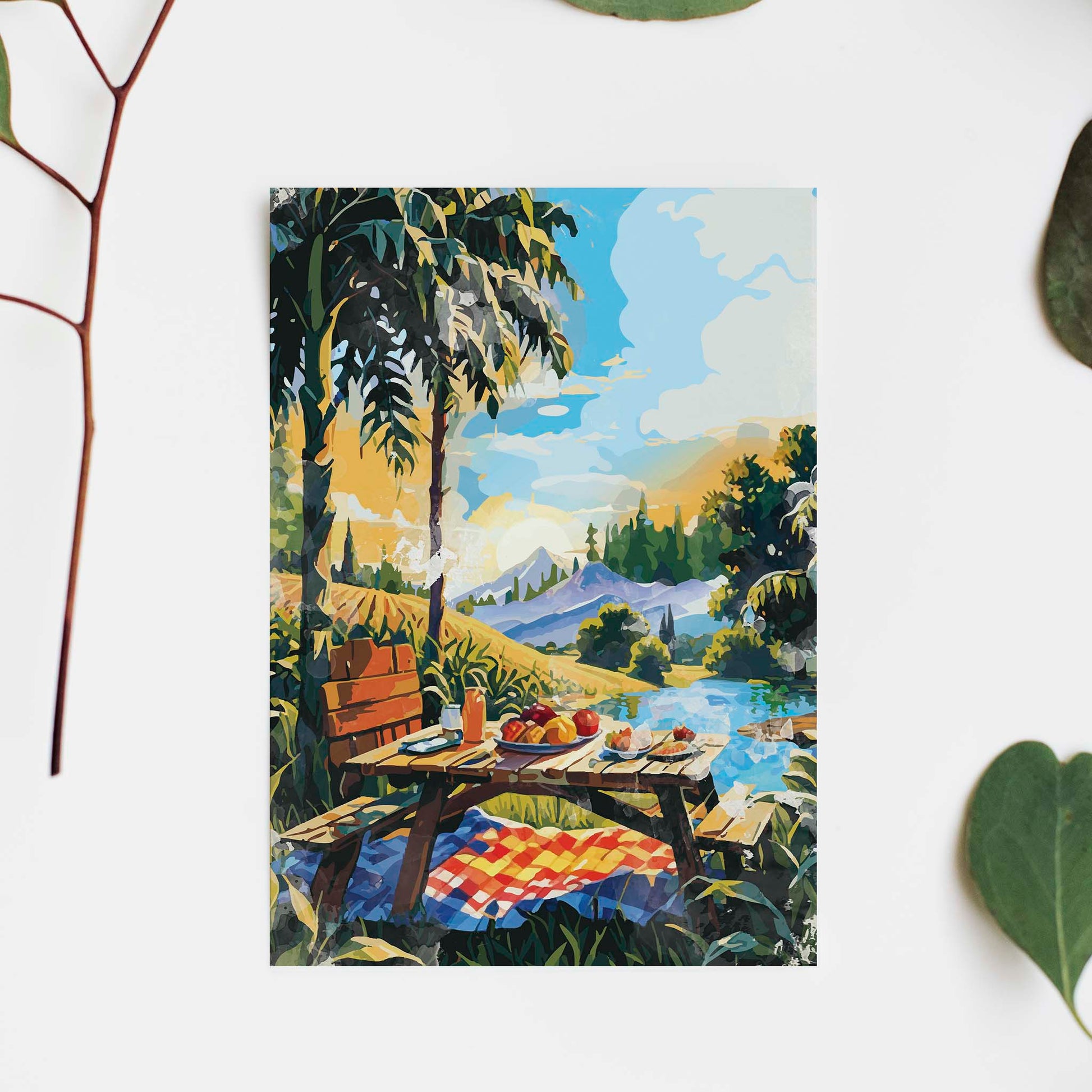 Vibrant picnic-themed printable wall art depicting a rustic wooden table set with fruit, juice, and pastries beside a lake, surrounded by palm trees, mountains, and a colorful sky - perfect for summer decor, kitchen walls, or outdoor-inspired spaces