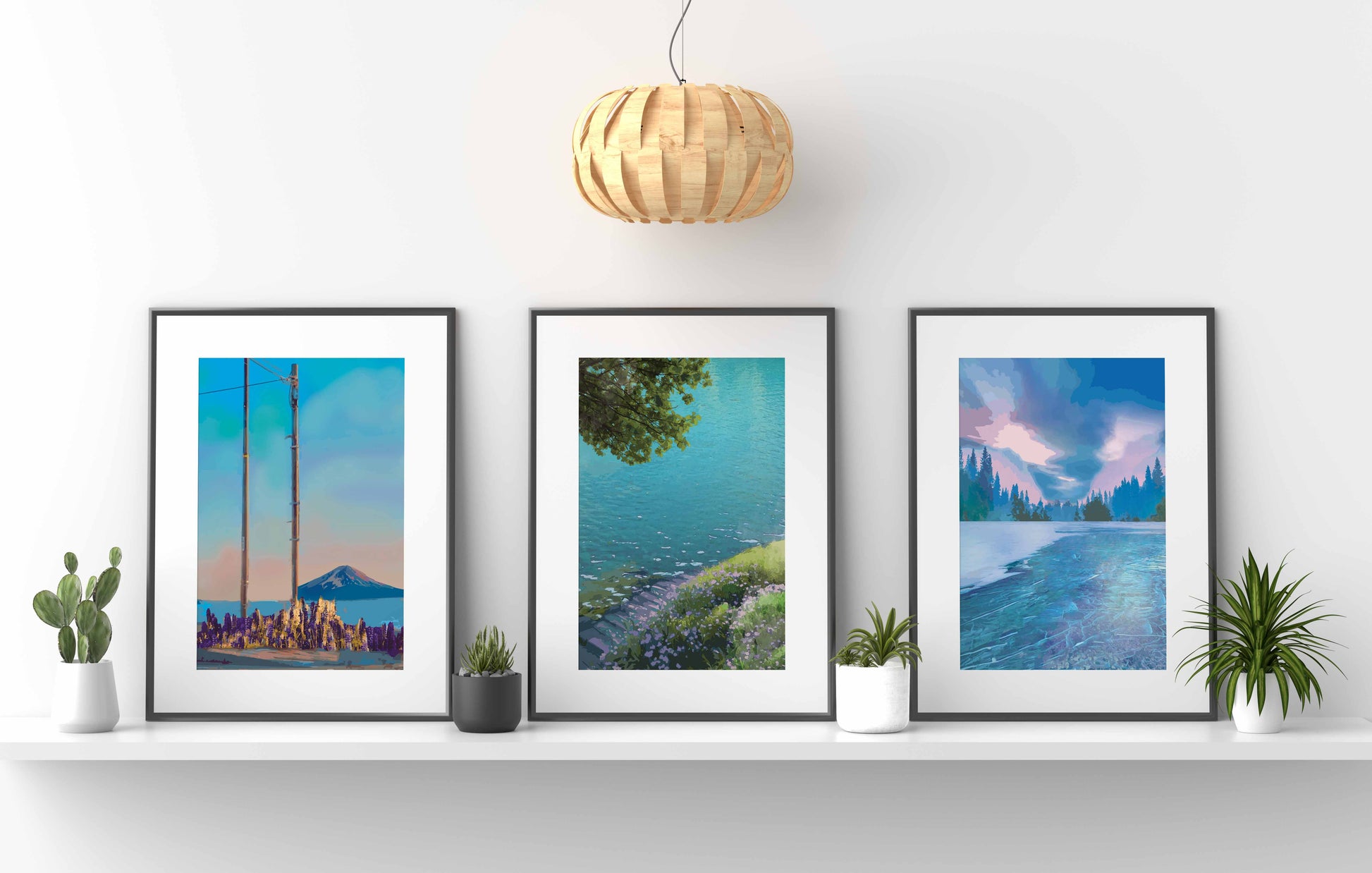 Set of three printable wall art pieces featuring serene landscape scenes with mountains, lakes, and forests