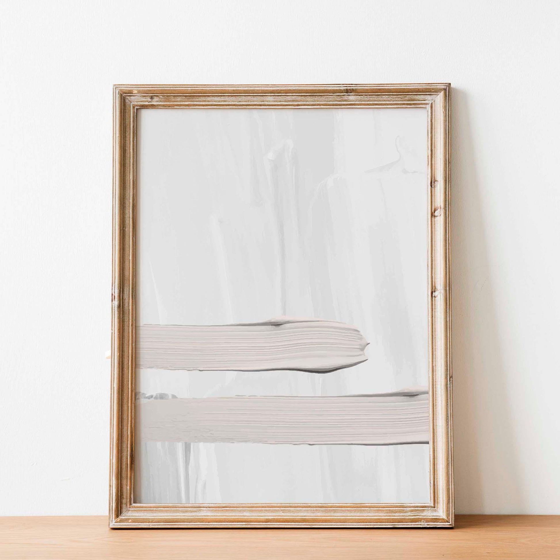Minimalist abstract printable wall art featuring textured horizontal brushstrokes in soft beige on a light cream background, with gentle shadows for a serene and modern aesthetic