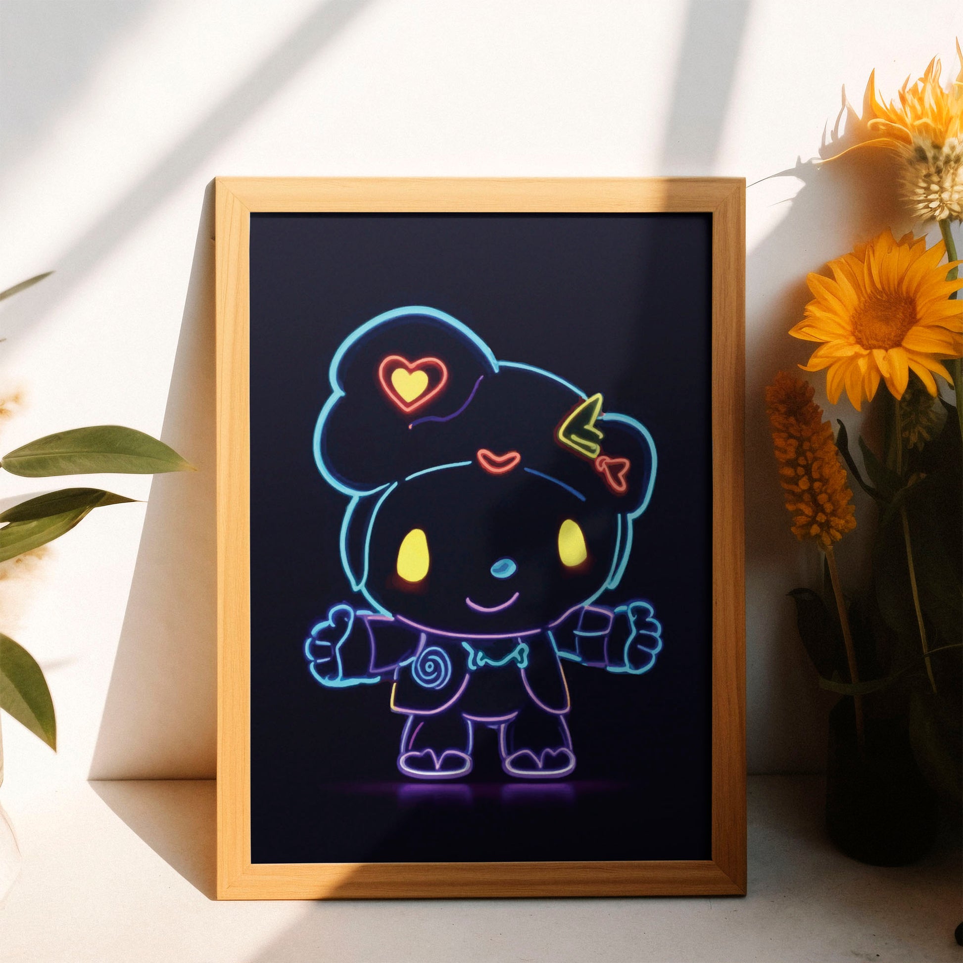Cute neon character illustration with glowing outlines and heart-shaped details, vibrant kawaii-style gaming wall art perfect for kids, gamers, and pop culture fans