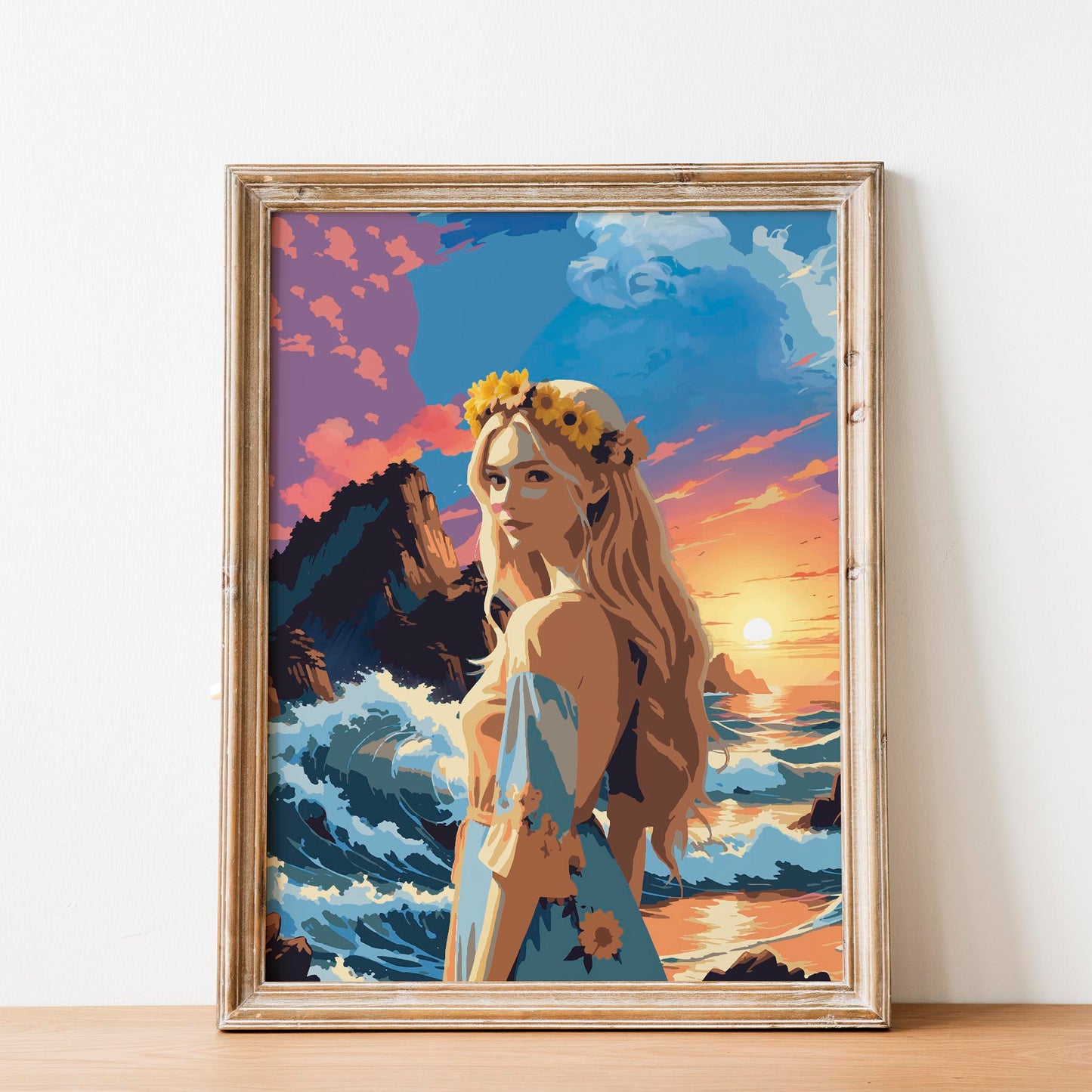 Vibrant printable wall art featuring a blonde woman with sunflowers in her hair standing by the ocean, set against dramatic waves, rocky cliffs, and a glowing sunset sky, perfect for adding a bold, romantic coastal vibe to any space