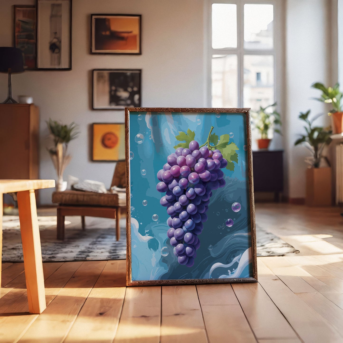 Printable wall art featuring a vibrant bunch of purple grapes with green leaves against a refreshing blue water-inspired background with bubbles, perfect for kitchen, dining room, or wine-themed decor.