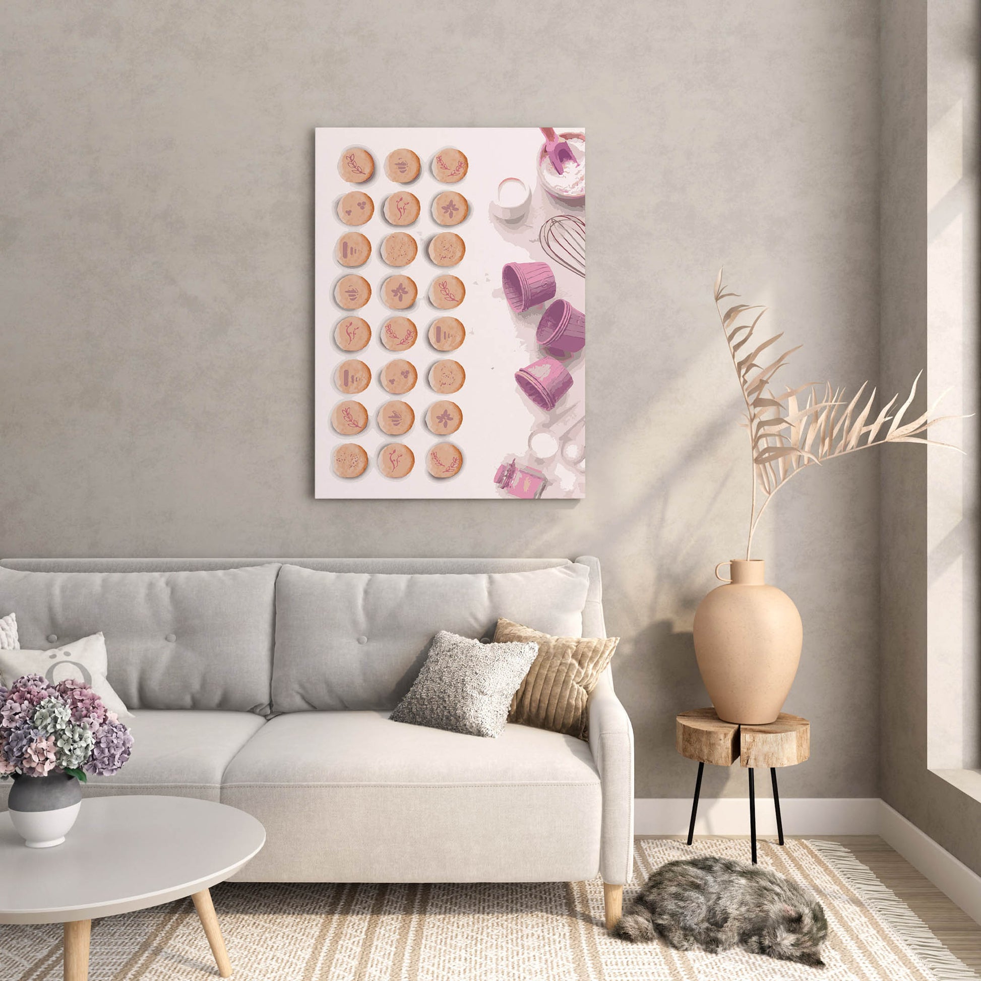Whimsical baking-themed printable wall art featuring rows of hand-decorated cookies with floral and geometric designs, alongside pastel pink baking tools - perfect for kitchen or bakery decor