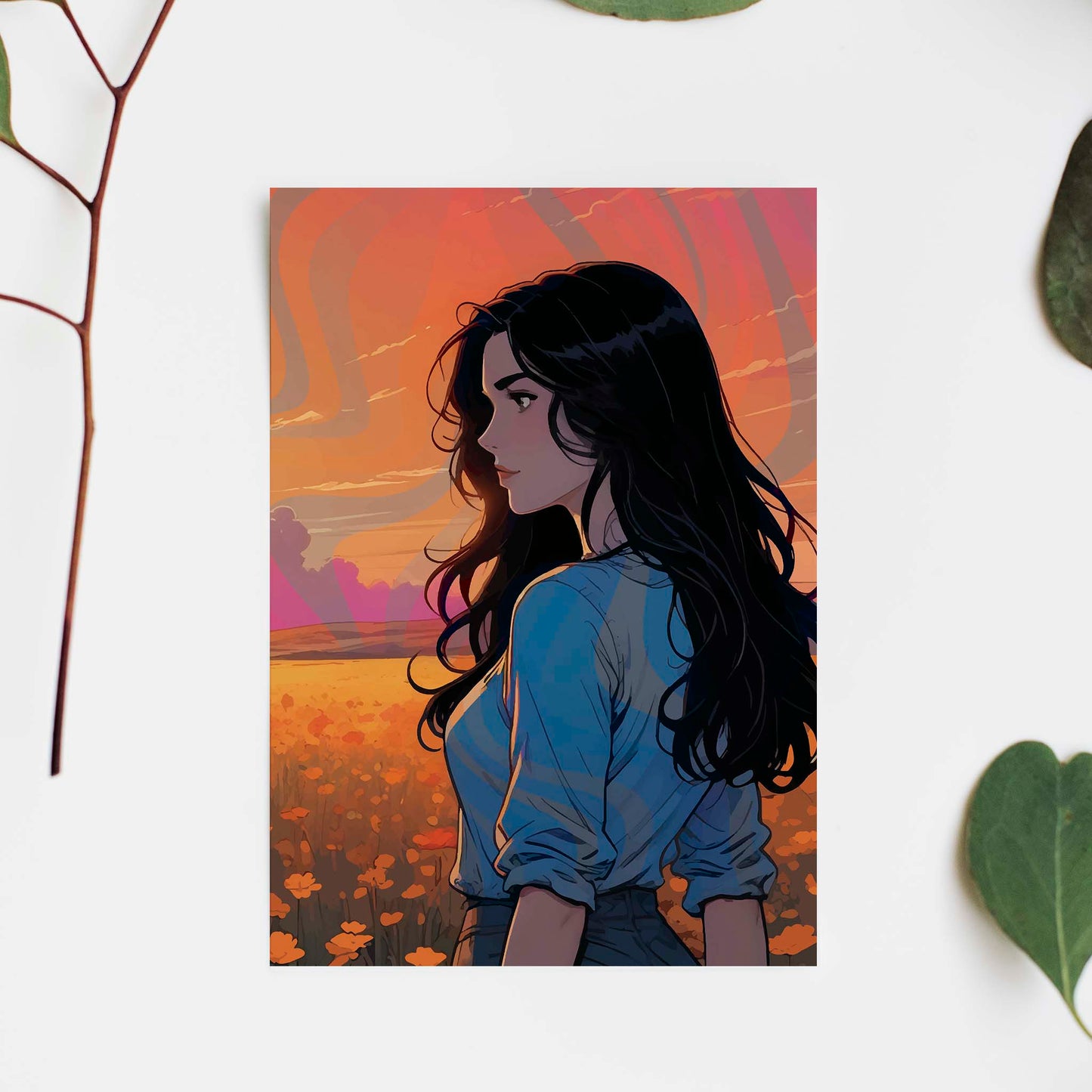 Printable wall art of a woman with flowing dark hair standing in a golden flower field at sunset, wearing a blue shirt, with warm, dreamy skies in the background, perfect for serene and modern home decor