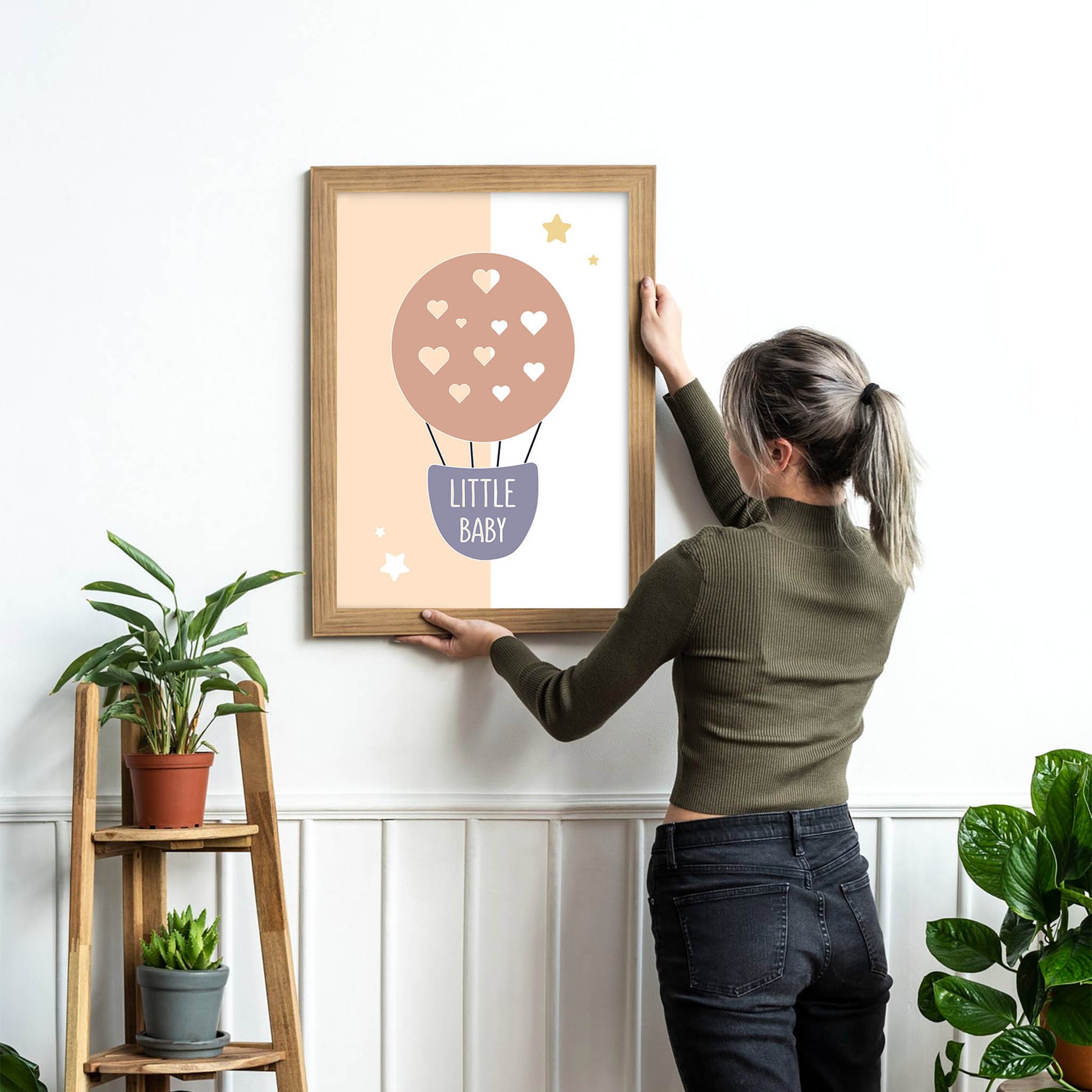 Minimalist nursery wall art featuring a pastel hot air balloon with heart shapes and the phrase "Little Baby", perfect for baby rooms, gender-neutral decor, or baby shower gifts.