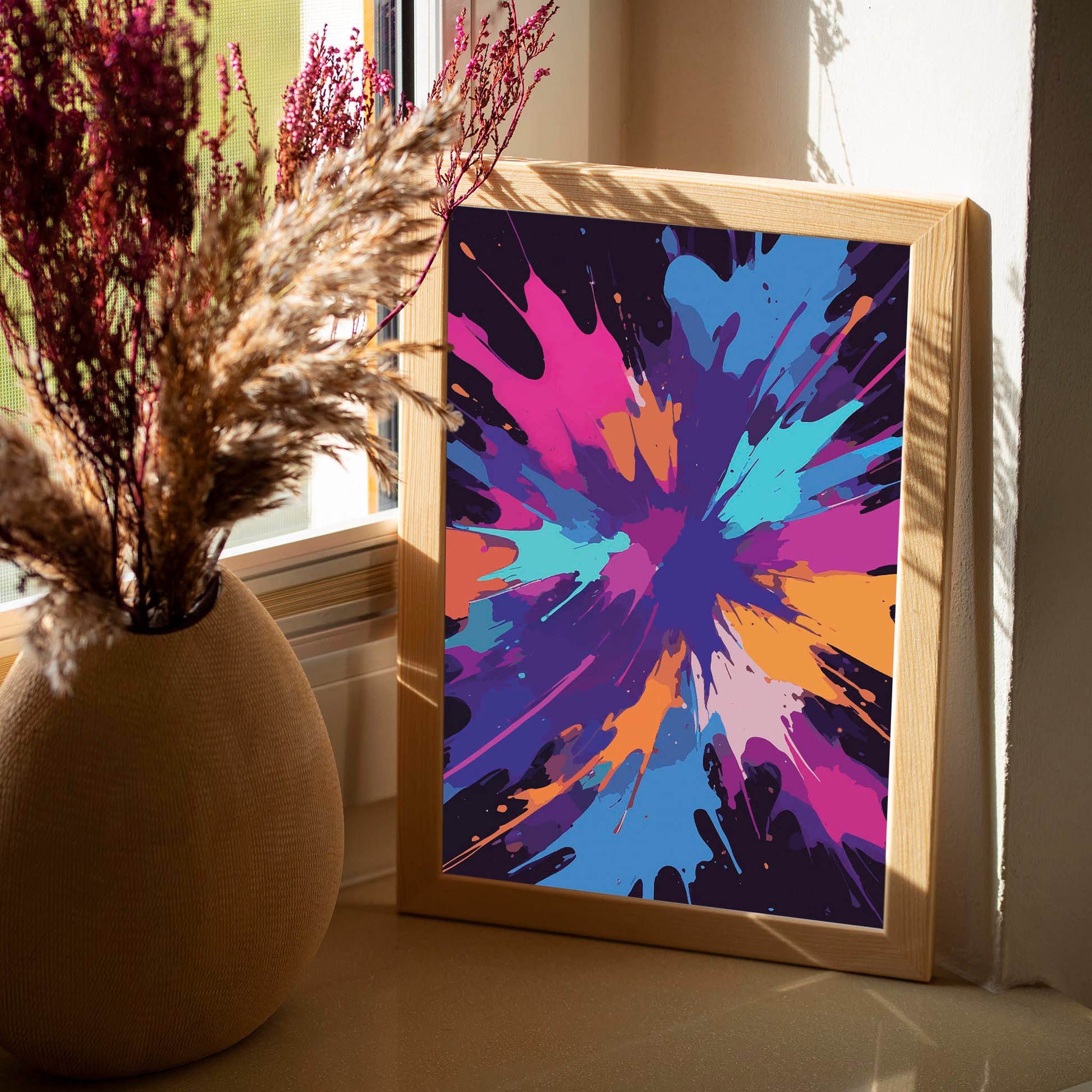 Bold abstract printable wall art featuring a dramatic explosion of colours including deep purples, blues, pinks, oranges, and turquoise on a dark background, perfect for adding energy and creativity to any modern space