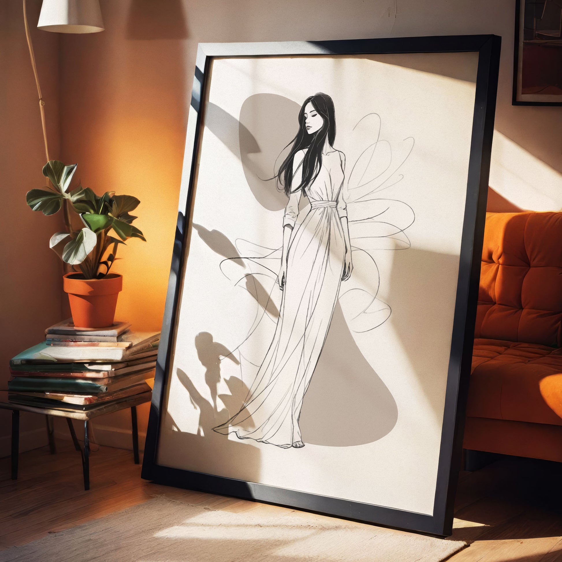 Elegant black and white line art of a woman in a flowing gown with abstract background, minimalist fashion illustration perfect for modern bedrooms, walk-in closets, or chic home decor.