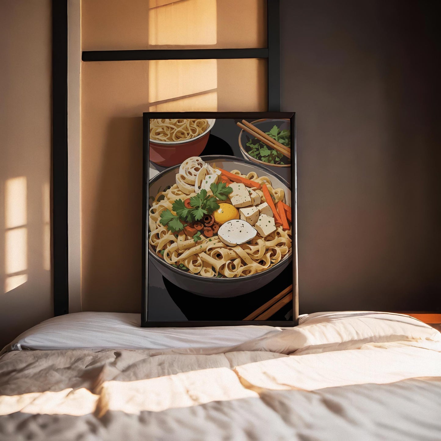 Printable wall art of a colorful bowl of noodles topped with tofu, egg yolk, vegetables, lotus root, and fresh herbs, styled with chopsticks and side dishes, perfect for kitchen or dining room decor with a foodie vibe.