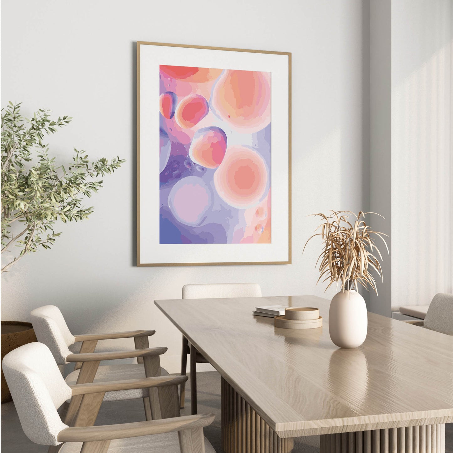 Dreamy abstract printable wall art featuring soft, fluid shapes in pink, peach, lavender, and coral tones, creating a calming, ethereal effect perfect for modern or pastel-themed interiors