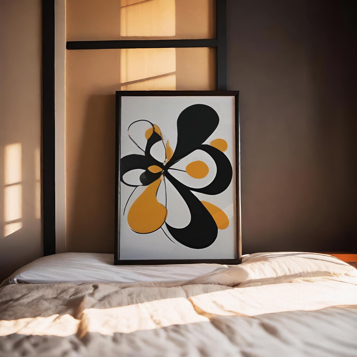 Modern abstract wall art featuring bold black and orange organic shapes with smooth curves on a light background