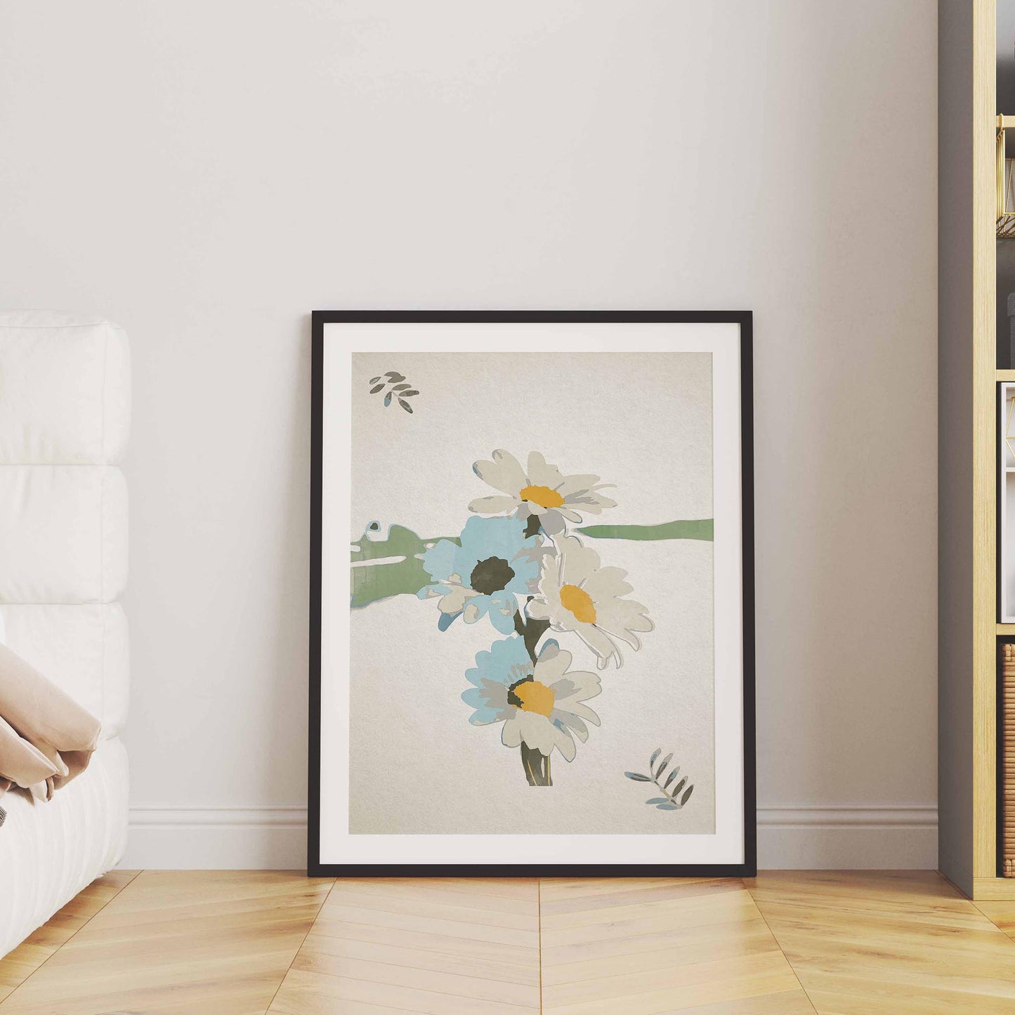 Minimalist printable wall art featuring hand-painted white daisies with yellow centers and soft blue accents, a calming botanical design perfect for bedroom, hallway, or cottagecore-inspired decor.