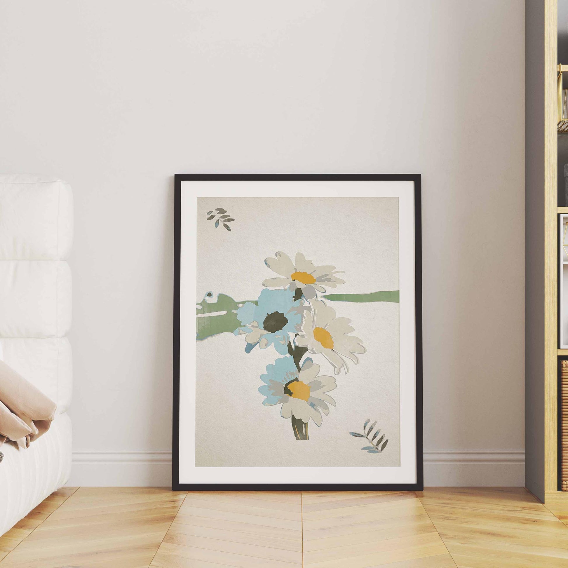 Minimalist printable wall art featuring hand-painted white daisies with yellow centers and soft blue accents, a calming botanical design perfect for bedroom, hallway, or cottagecore-inspired decor.