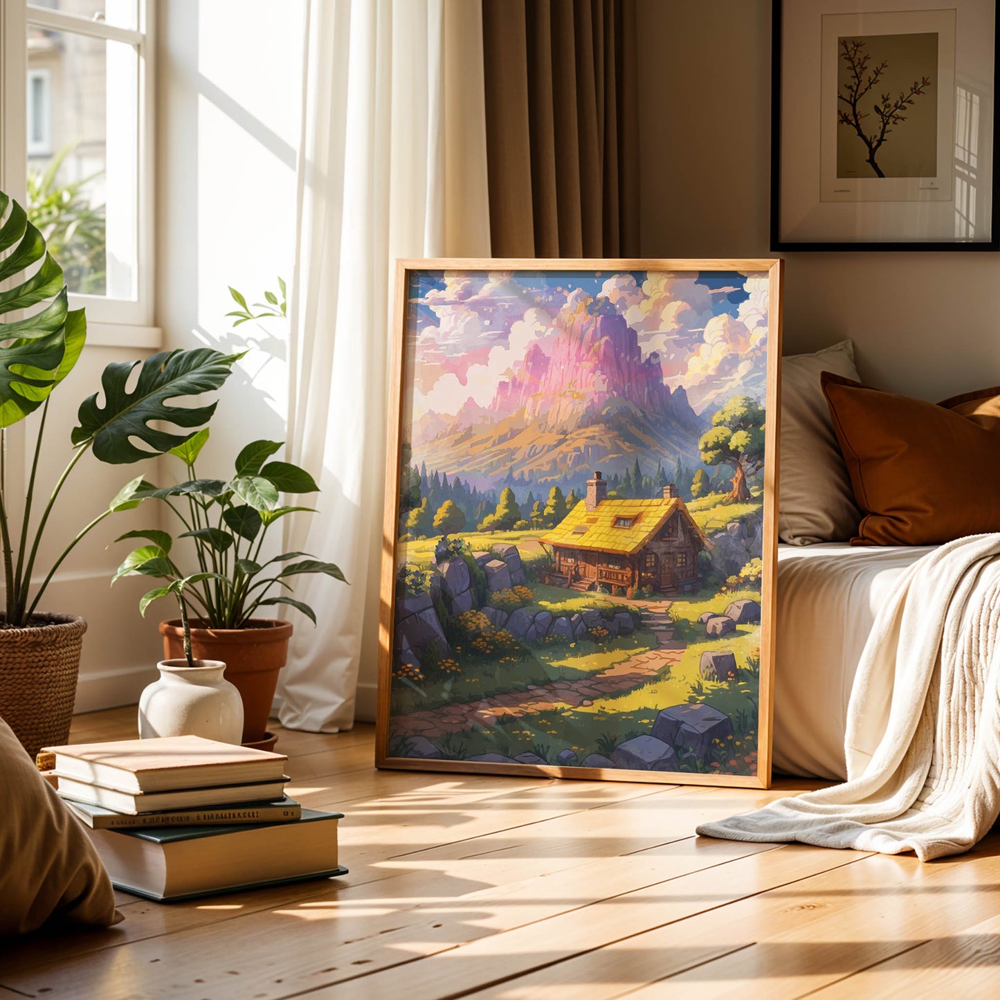 Printable wall art of a cozy wooden cabin with a yellow roof nestled in a sunlit meadow, surrounded by wildflowers, trees, and rocky hills, with majestic pink and purple mountains in the background, perfect for rustic and fantasy-inspired home decor