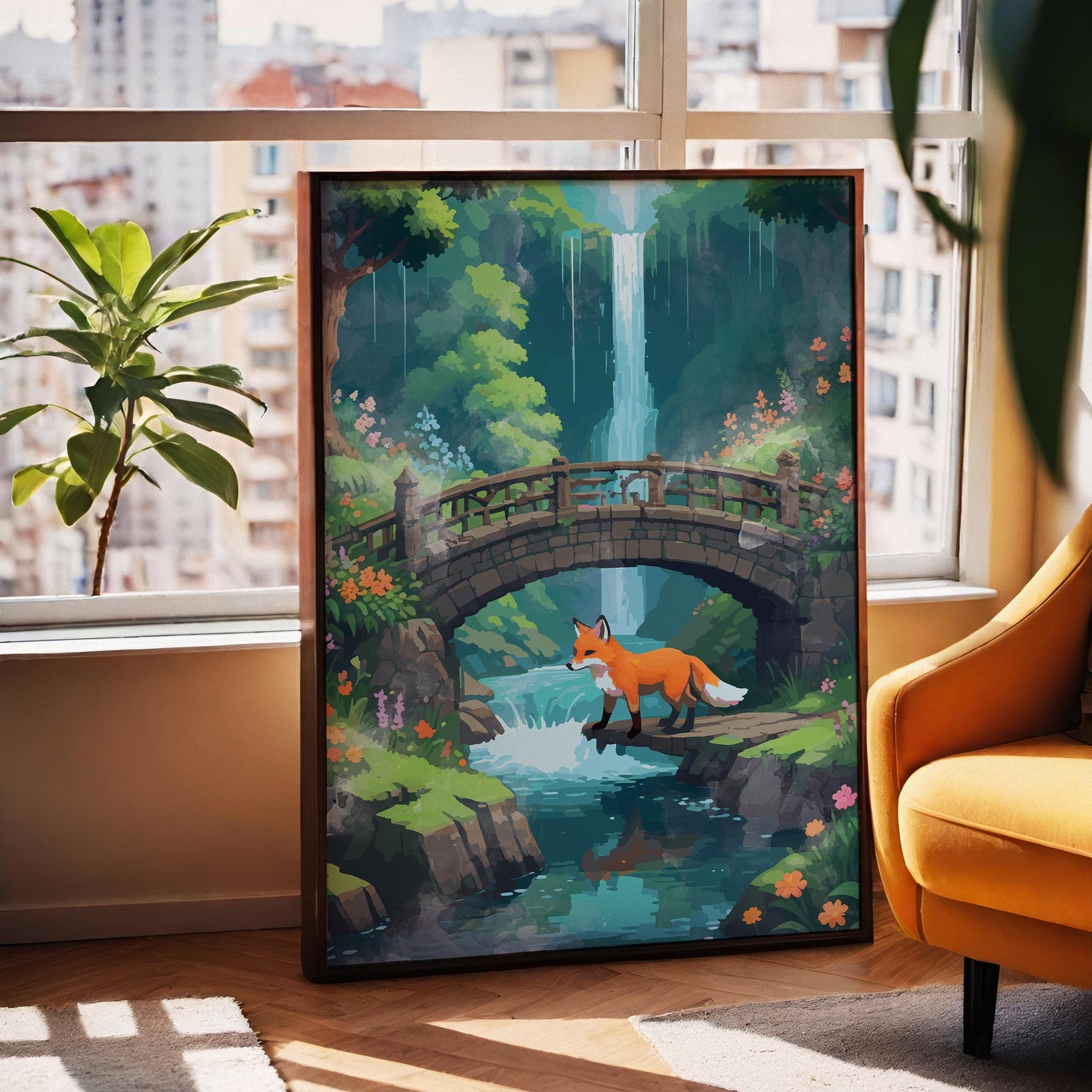 Whimsical printable wall art featuring a red fox crossing a stream beneath a stone bridge, surrounded by lush forest, colorful flowers, and a tall cascading waterfall - ideal for nature lovers, woodland nursery decor, or fantasy-themed interiors