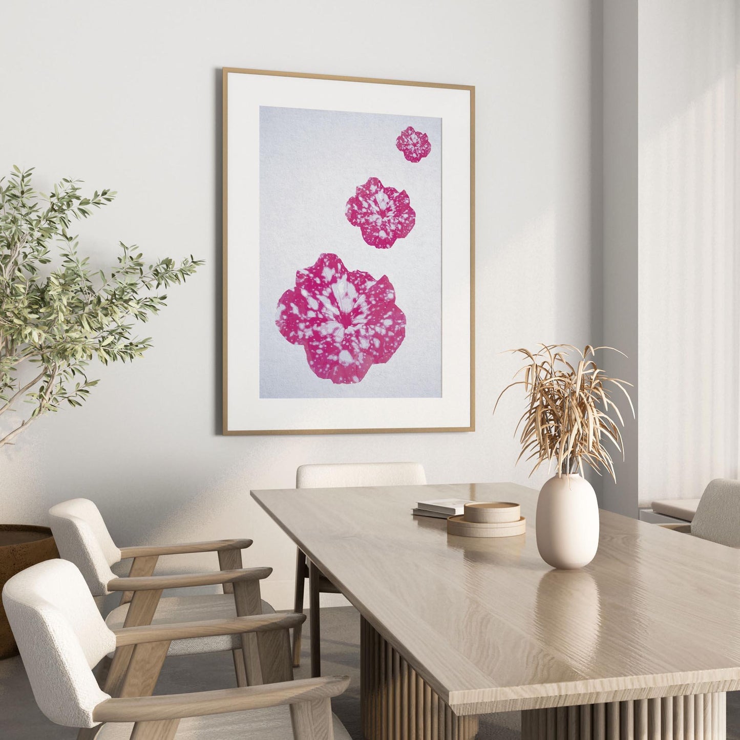 Minimalist floral wall art featuring three vibrant pink and white speckled blossoms on a soft textured background, modern botanical printable perfect for contemporary home decor.