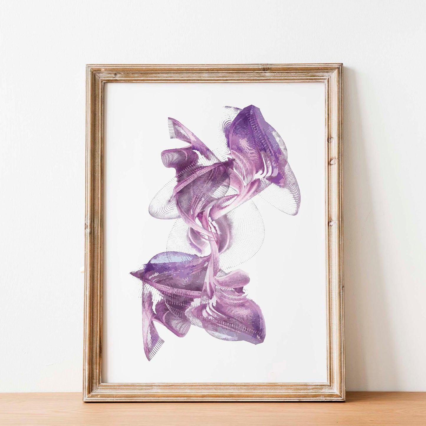 Elegant abstract printable wall art featuring fluid, ribbon-like shapes in rich purple tones with intricate line details on a clean white background, perfect for adding a touch of sophistication to modern spaces
