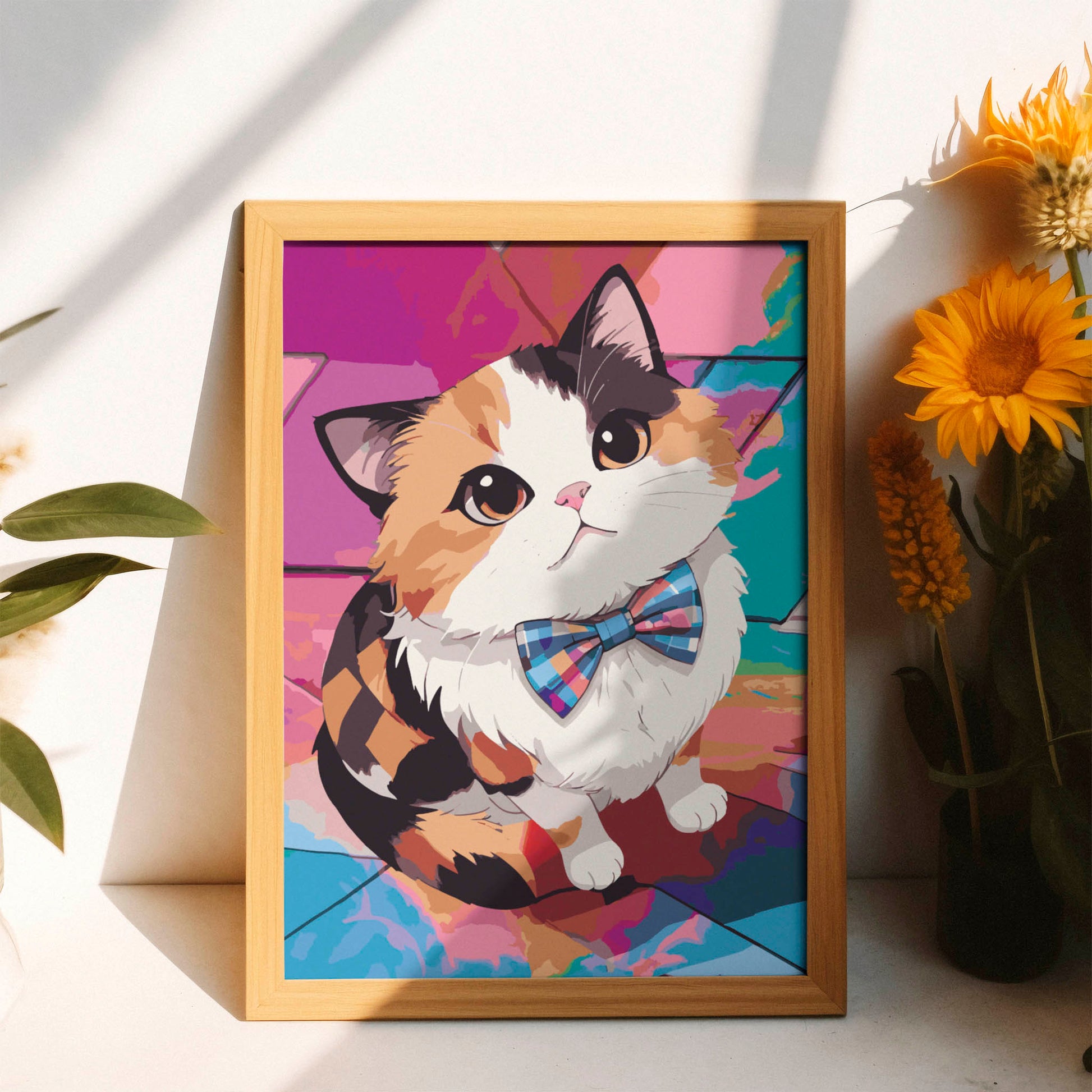 Printable wall art of a cute calico cat wearing a colorful plaid bow tie, sitting against a vibrant geometric background, perfect for cat lovers and playful, modern home decor