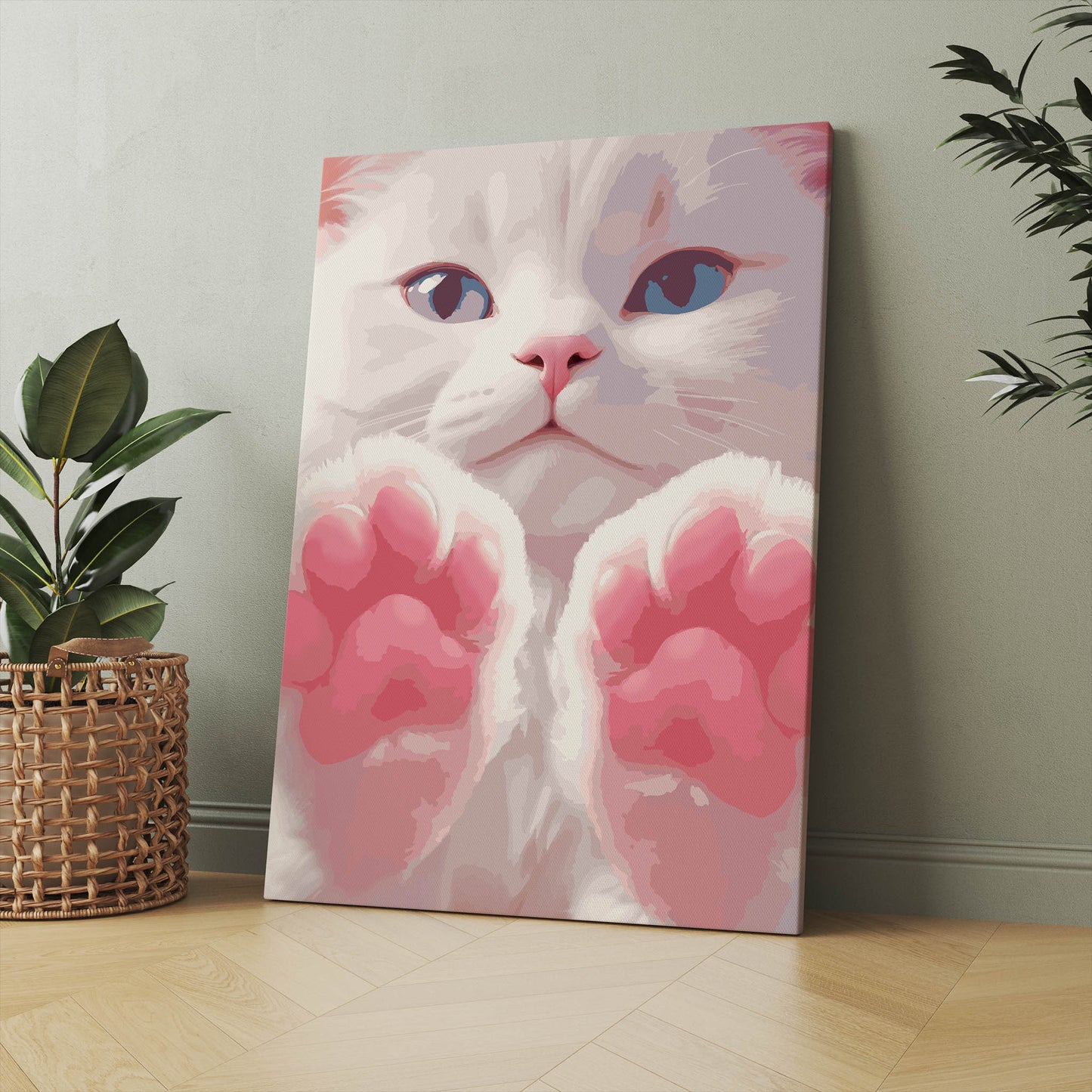 Printable wall art of an adorable white kitten with bright blue eyes and soft pink paws held up close, perfect for cat lovers and cute, whimsical home decor
