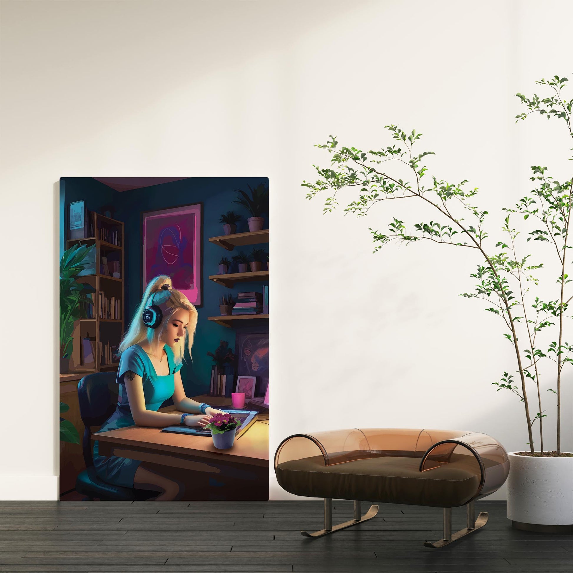 Digital illustration of a blonde gamer girl in a teal dress and headset, focused on her tablet in a cozy, neon-lit room, modern wall art perfect for gaming setups and creative workspaces