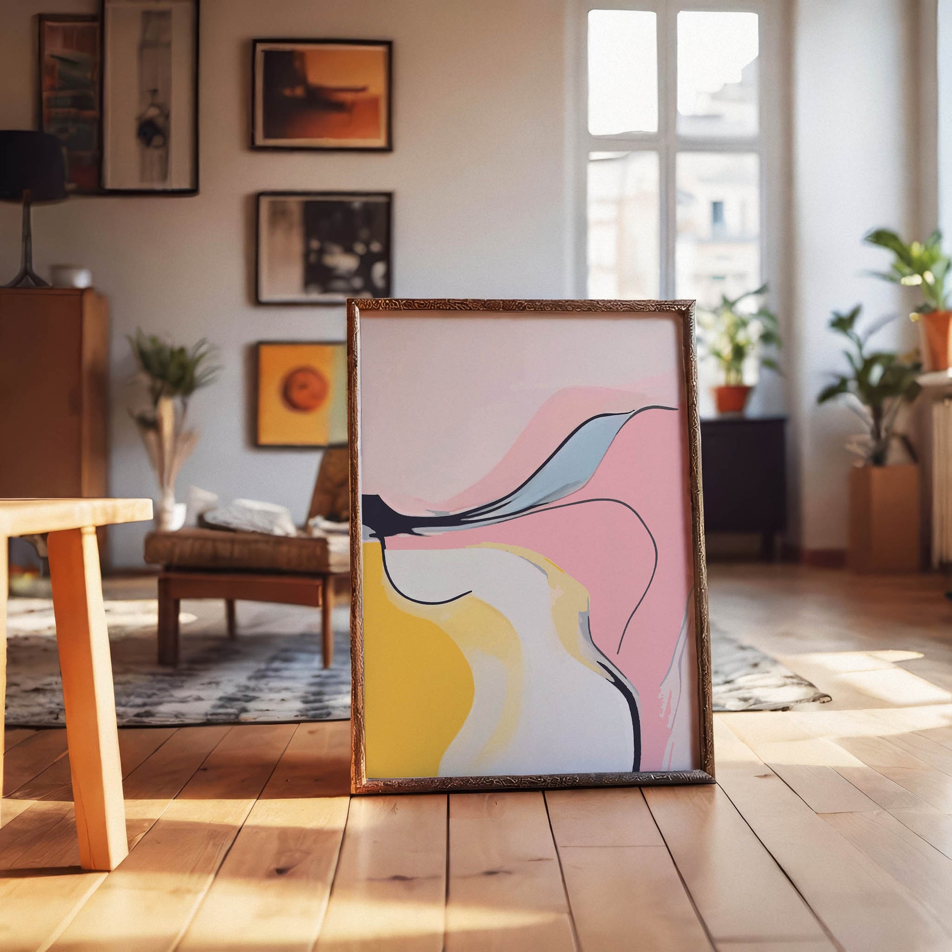 Modern abstract printable wall art featuring flowing shapes in soft pink, yellow, cream, and blue tones with bold black lines, creating a playful yet elegant minimalist aesthetic