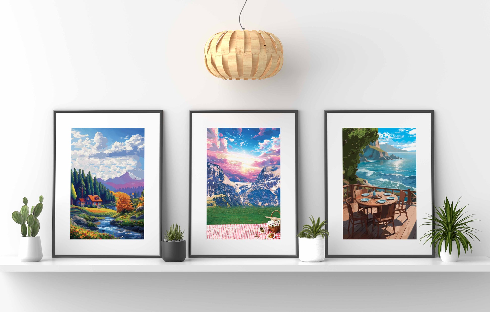 Set of 3 printable wall art pieces featuring scenic landscapes: a cosy riverside cabin surrounded by pine trees, a vibrant alpine picnic scene with dramatic mountains, and a serene coastal dining view with ocean waves, perfect for creating a calming nature-inspired gallery wall