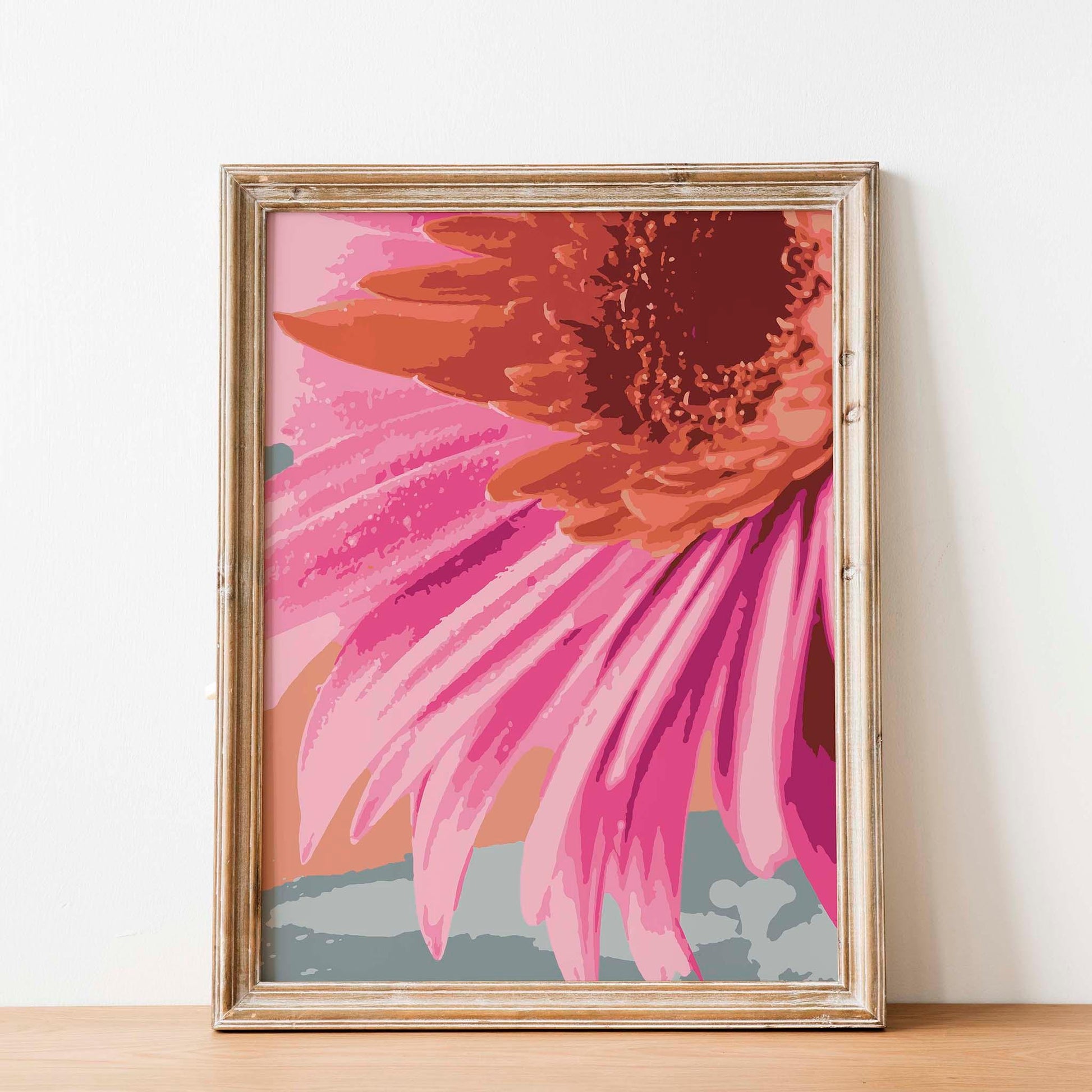 Vibrant close-up digital painting of a pink and orange daisy flower, perfect printable wall art for adding bold color and botanical charm to modern interiors.