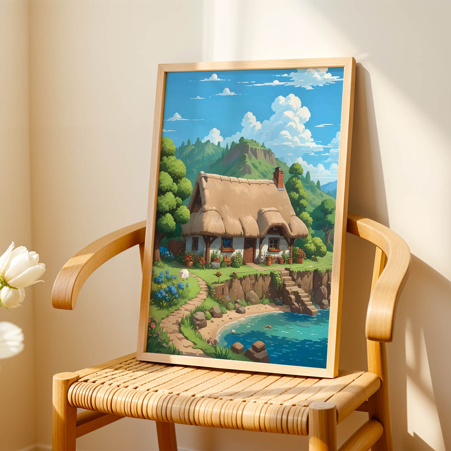 Charming printable wall art featuring a cozy thatched-roof cottage by a clear blue pond, surrounded by blooming flowers, lush greenery, and distant mountain views under a bright sky - perfect for cottagecore, fairytale, or nature-inspired home decor