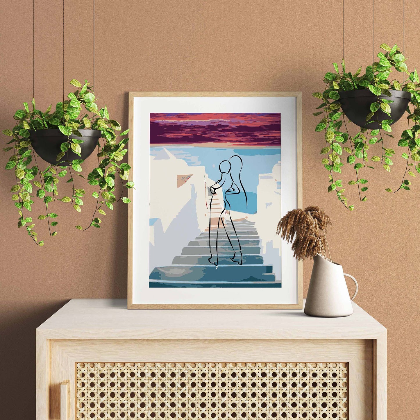 Stylish printable wall art featuring a minimalist line drawing of a woman confidently walking up white stone steps in a Mediterranean village at sunset, with vivid pink and purple skies, perfect for travel-inspired or fashion-forward interiors.