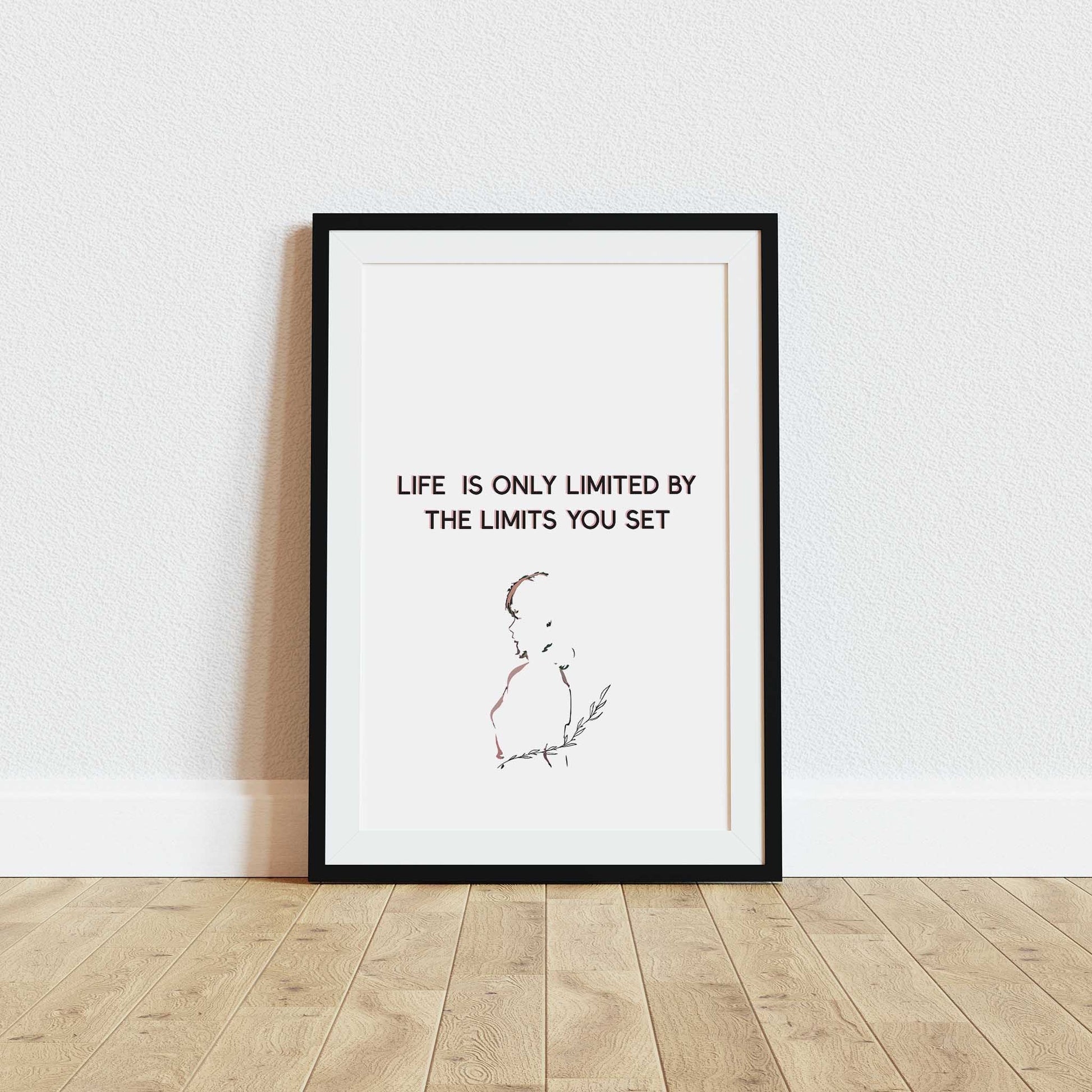 Minimalist motivational printable wall art featuring the quote 'Life is only limited by the limits you set' with a delicate line drawing of a woman holding a leafy branch, perfect for inspiring modern, calm, and empowering spaces