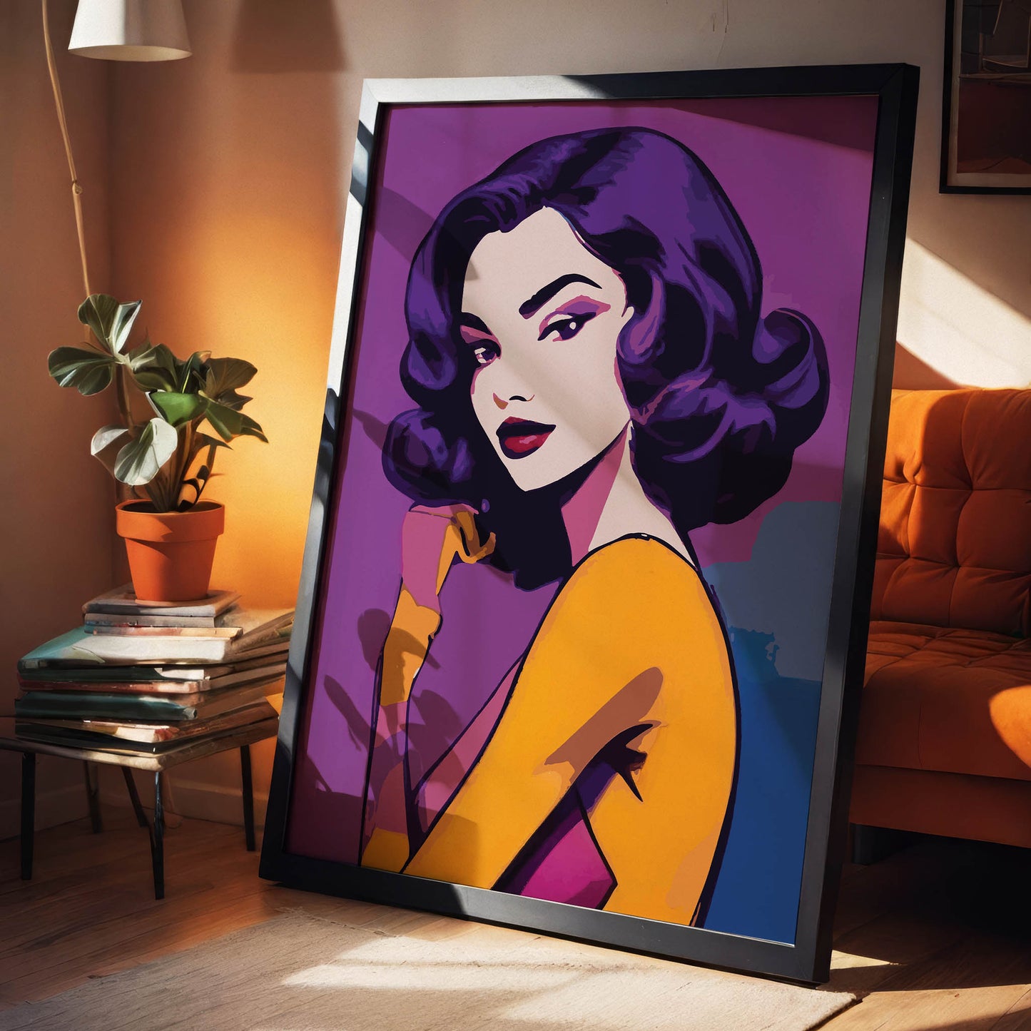 Printable wall art of a stylish woman with vintage Hollywood glamour, featuring bold purple hair, red lips, and a confident pose against a vibrant purple and gold background, perfect for modern, chic home decor