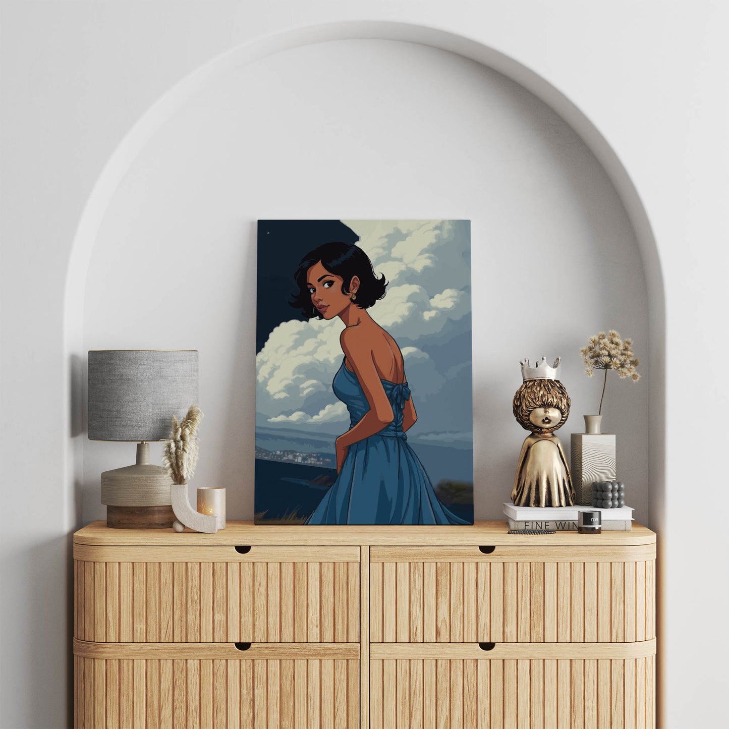 Stylized digital portrait of a confident woman in a flowing blue dress, set against a dramatic cloudy sky and distant coastline, perfect for modern printable wall art