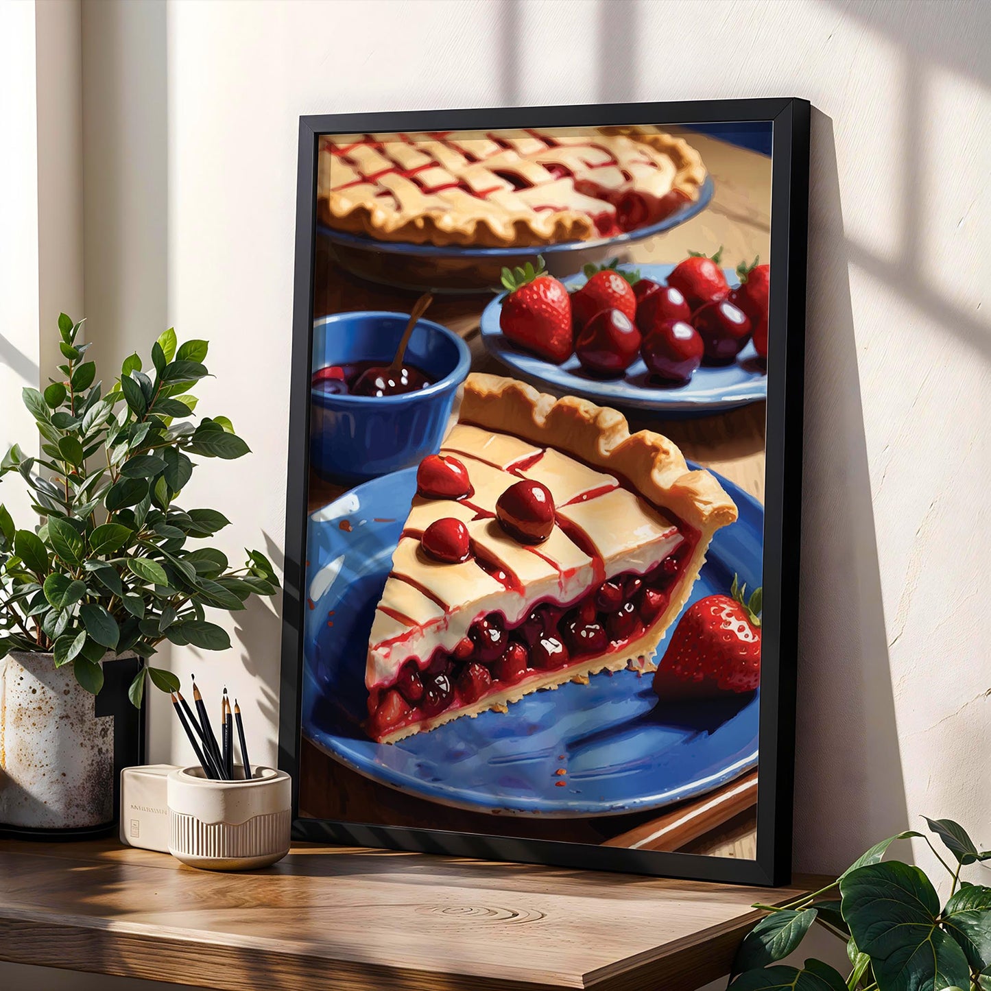 Printable wall art of a vibrant cherry and strawberry pie slice on a blue plate, styled with whole cherries and strawberries, perfect for kitchen or dining room decor